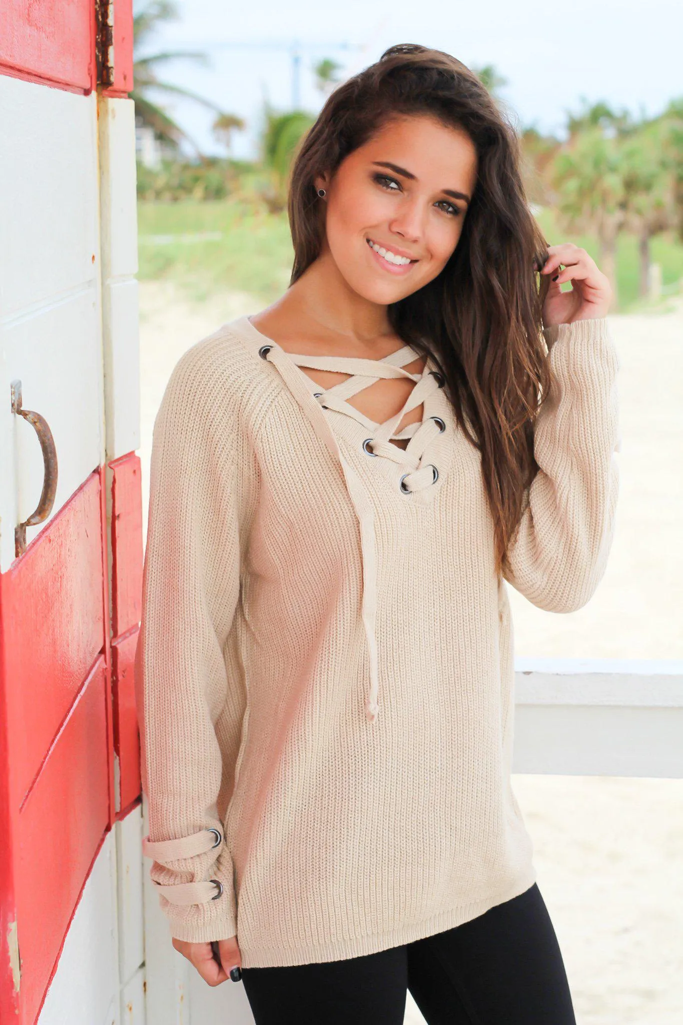 Beige Lace Up Knit Sweater