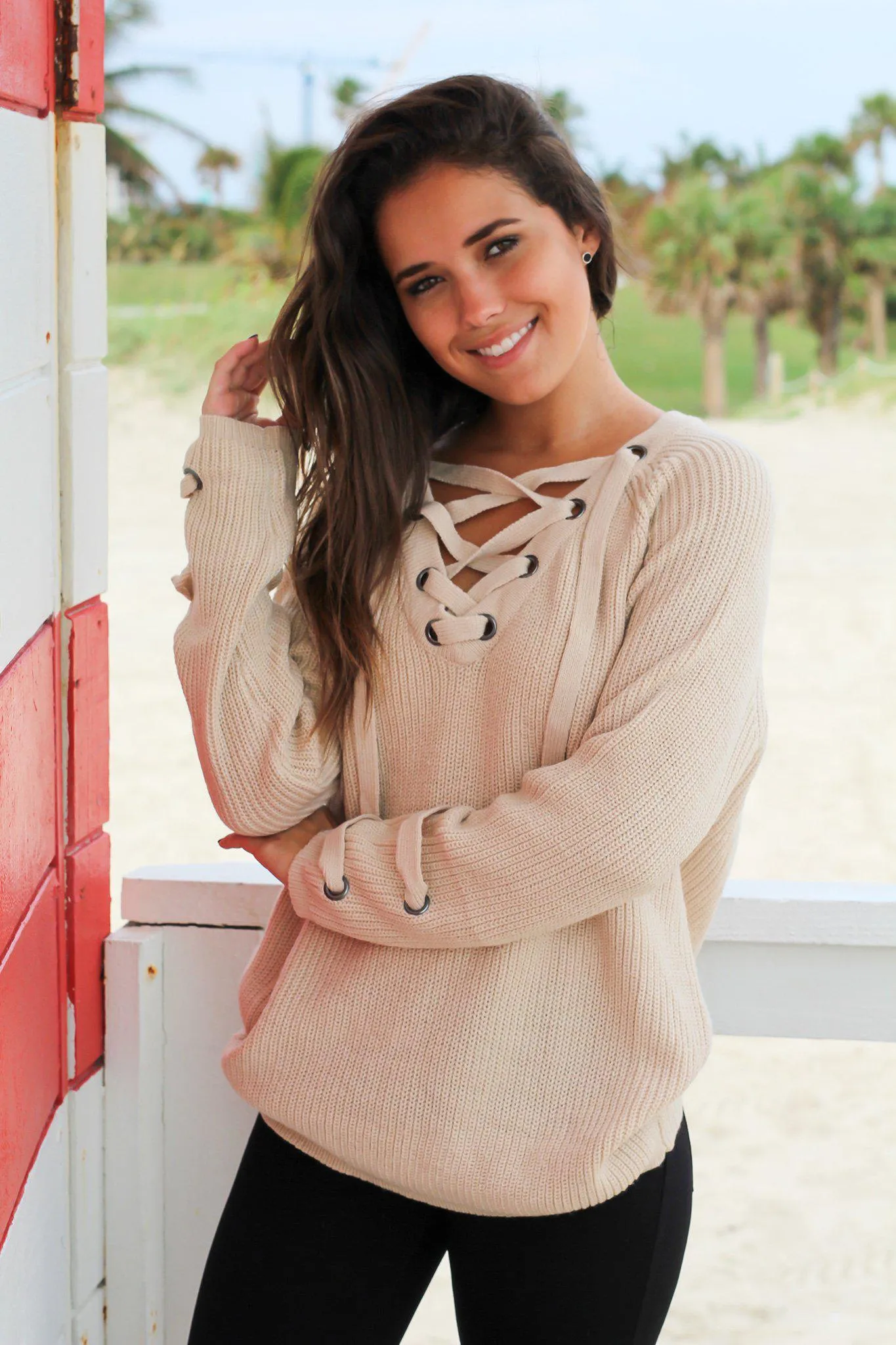 Beige Lace Up Knit Sweater
