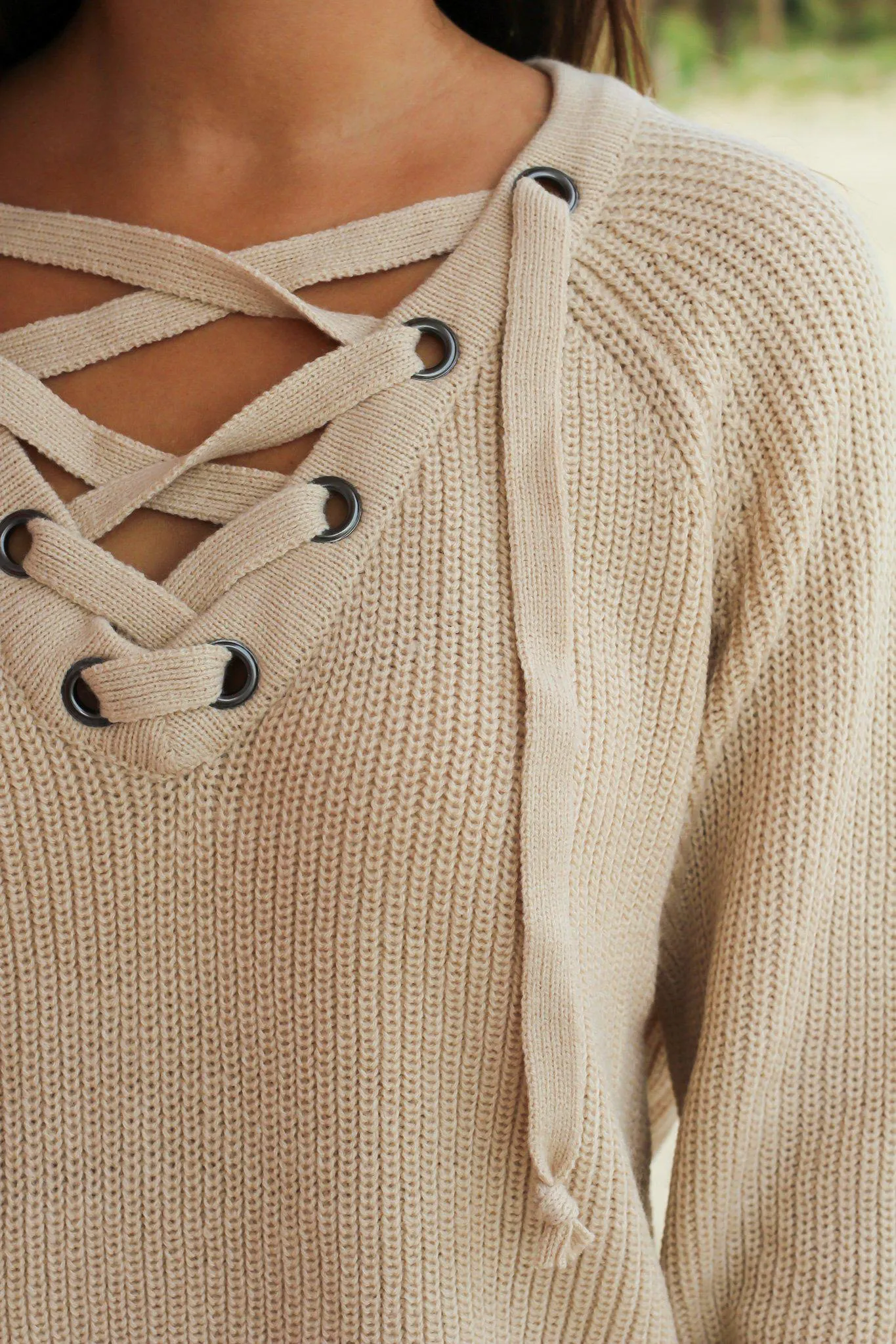 Beige Lace Up Knit Sweater
