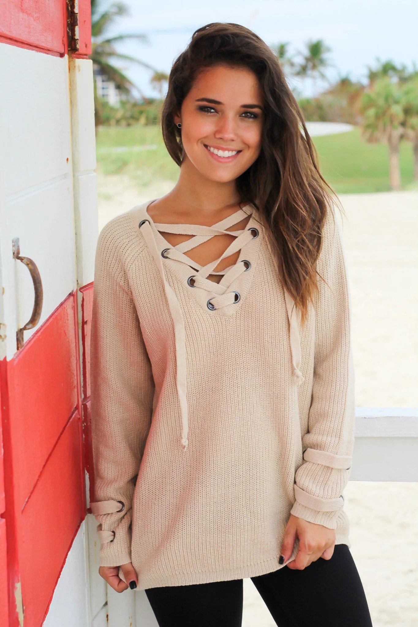 Beige Lace Up Knit Sweater