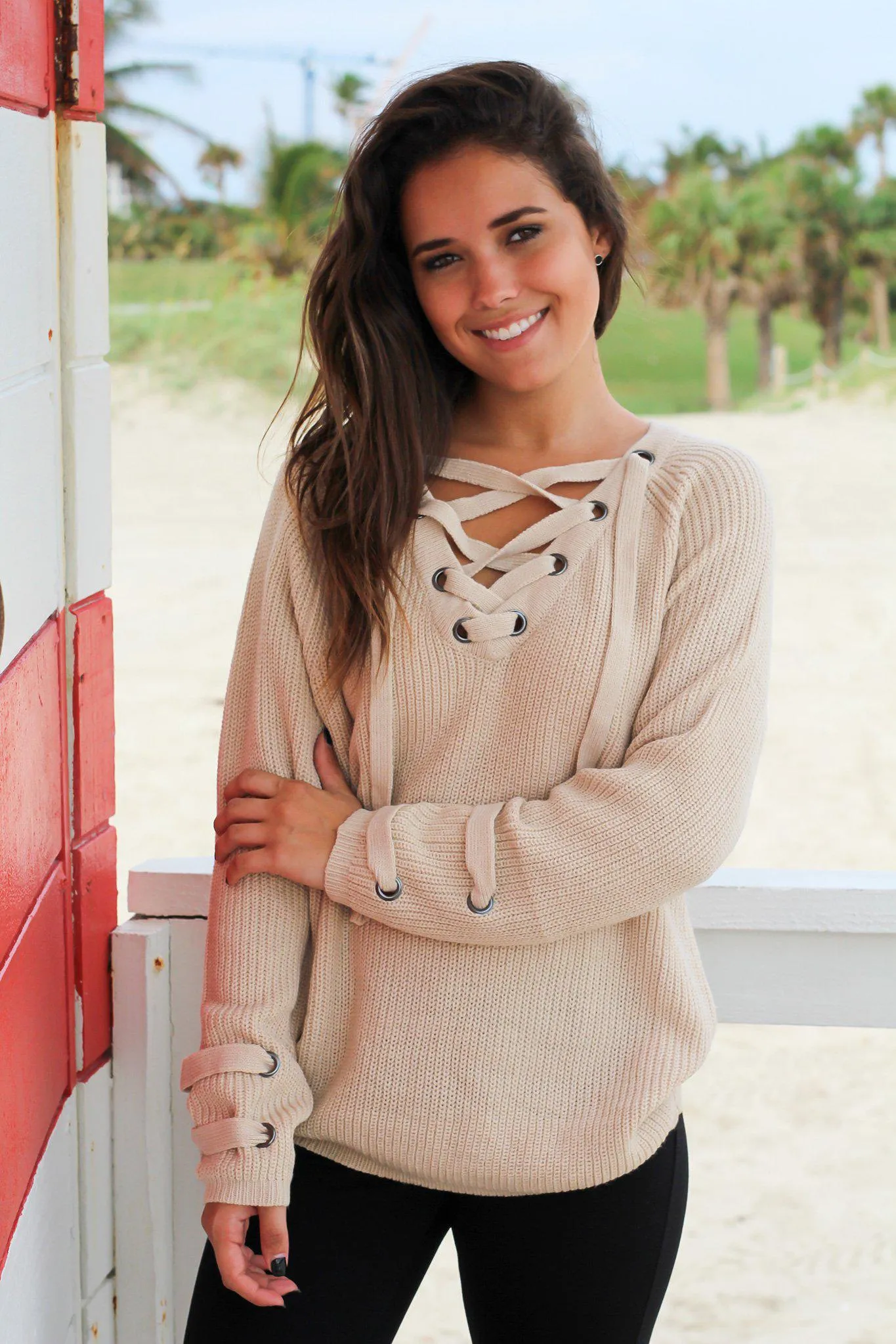 Beige Lace Up Knit Sweater
