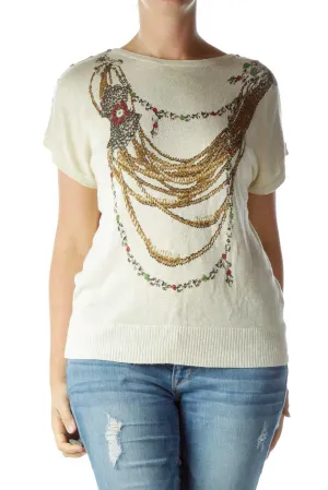 Beige Metallic Print Knit Top