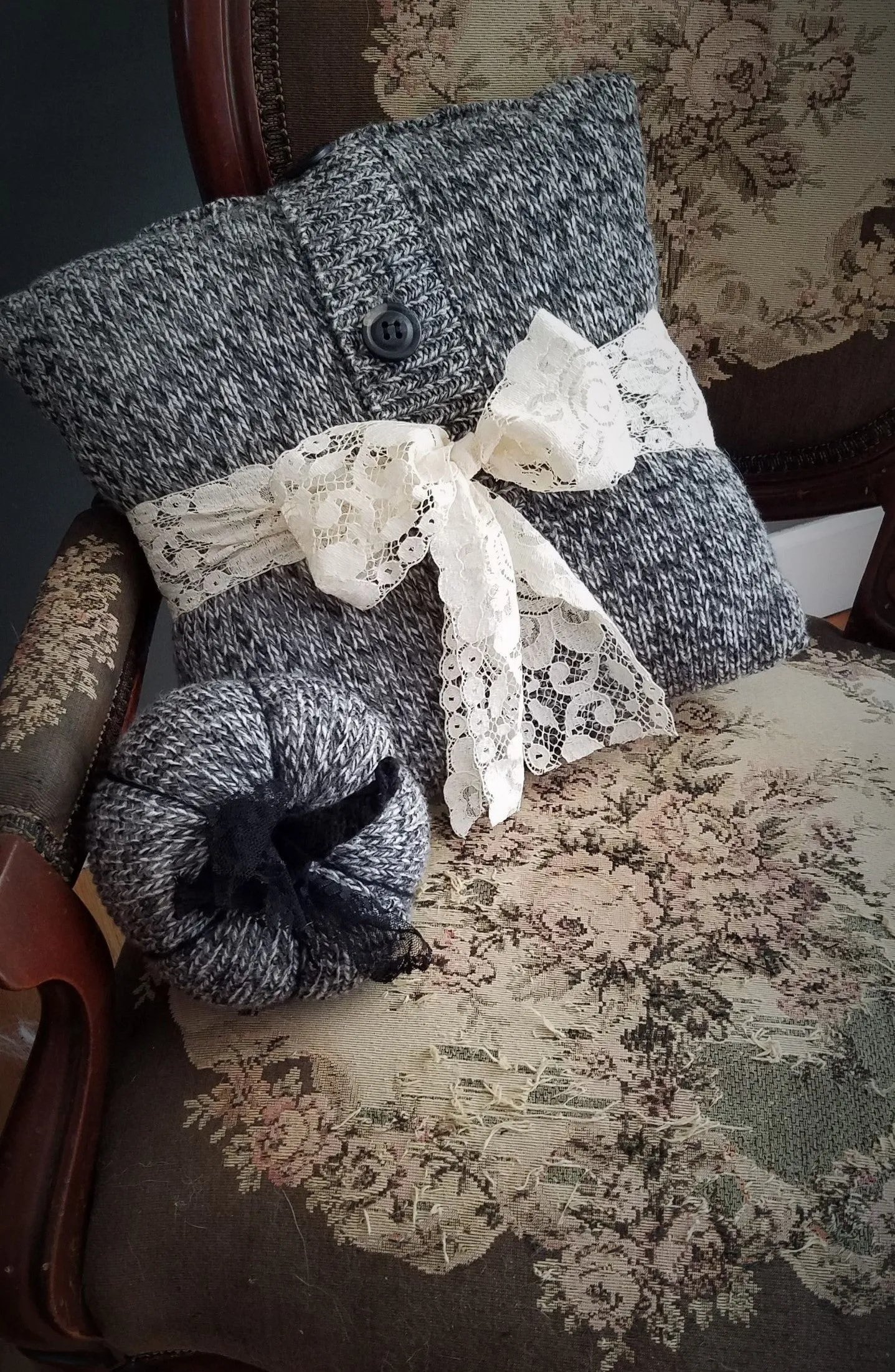 Belted Lace Sweater Pillow with Buttons