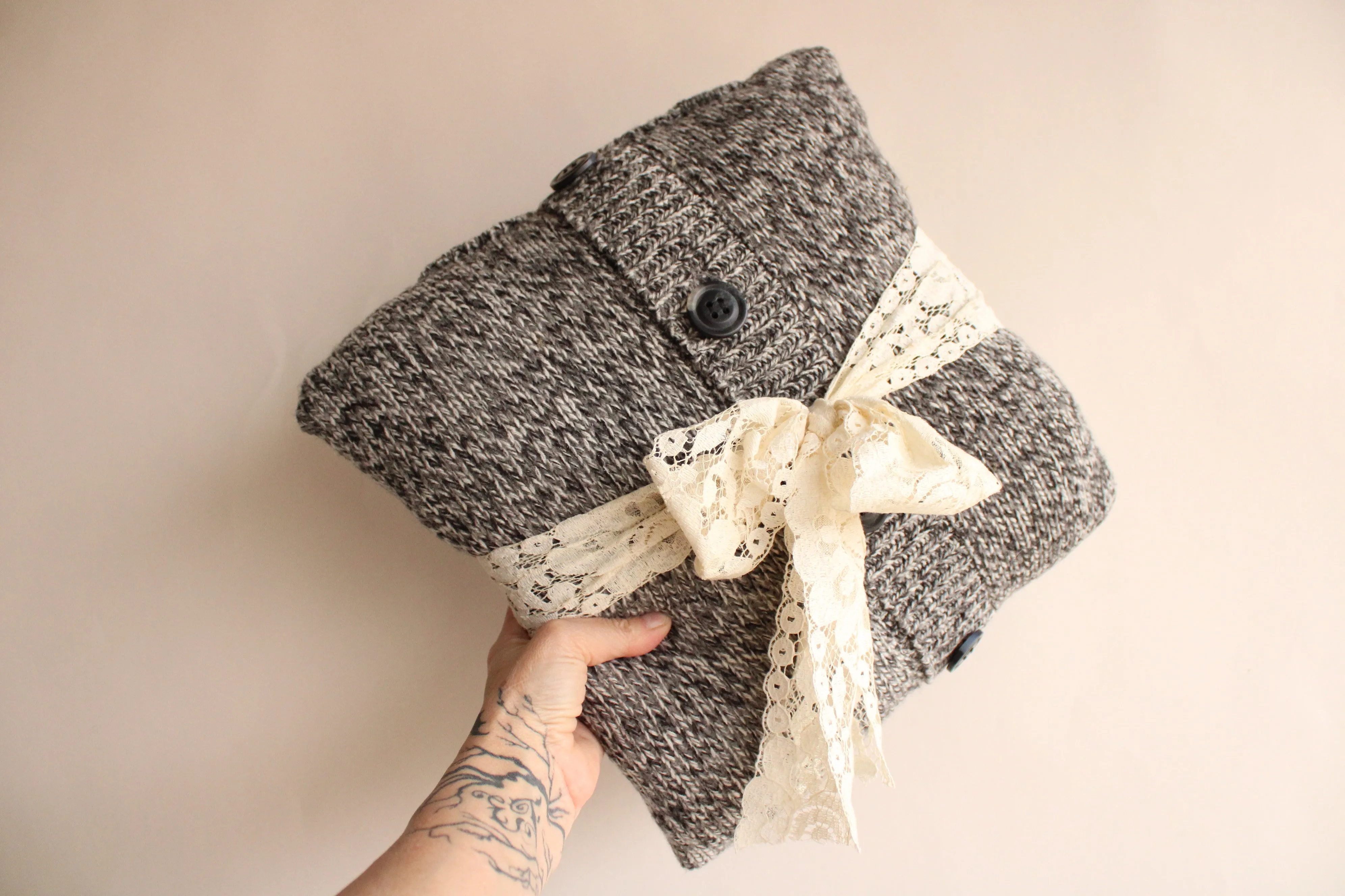 Belted Lace Sweater Pillow with Buttons
