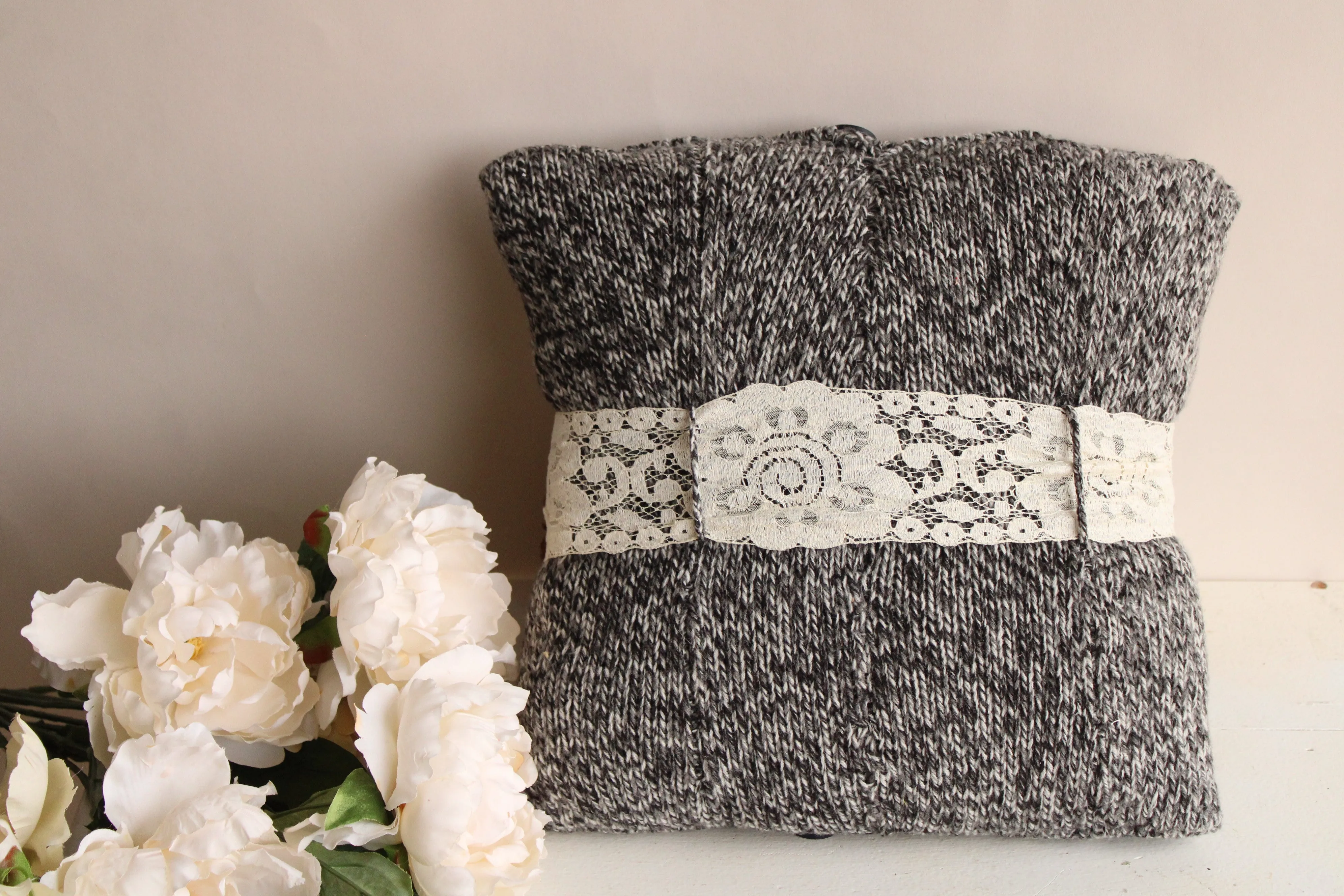 Belted Lace Sweater Pillow with Buttons
