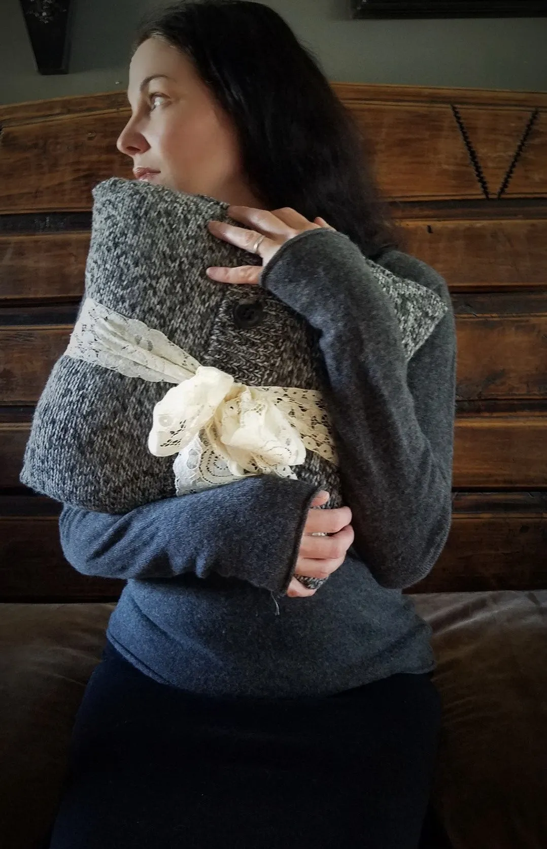 Belted Lace Sweater Pillow with Buttons