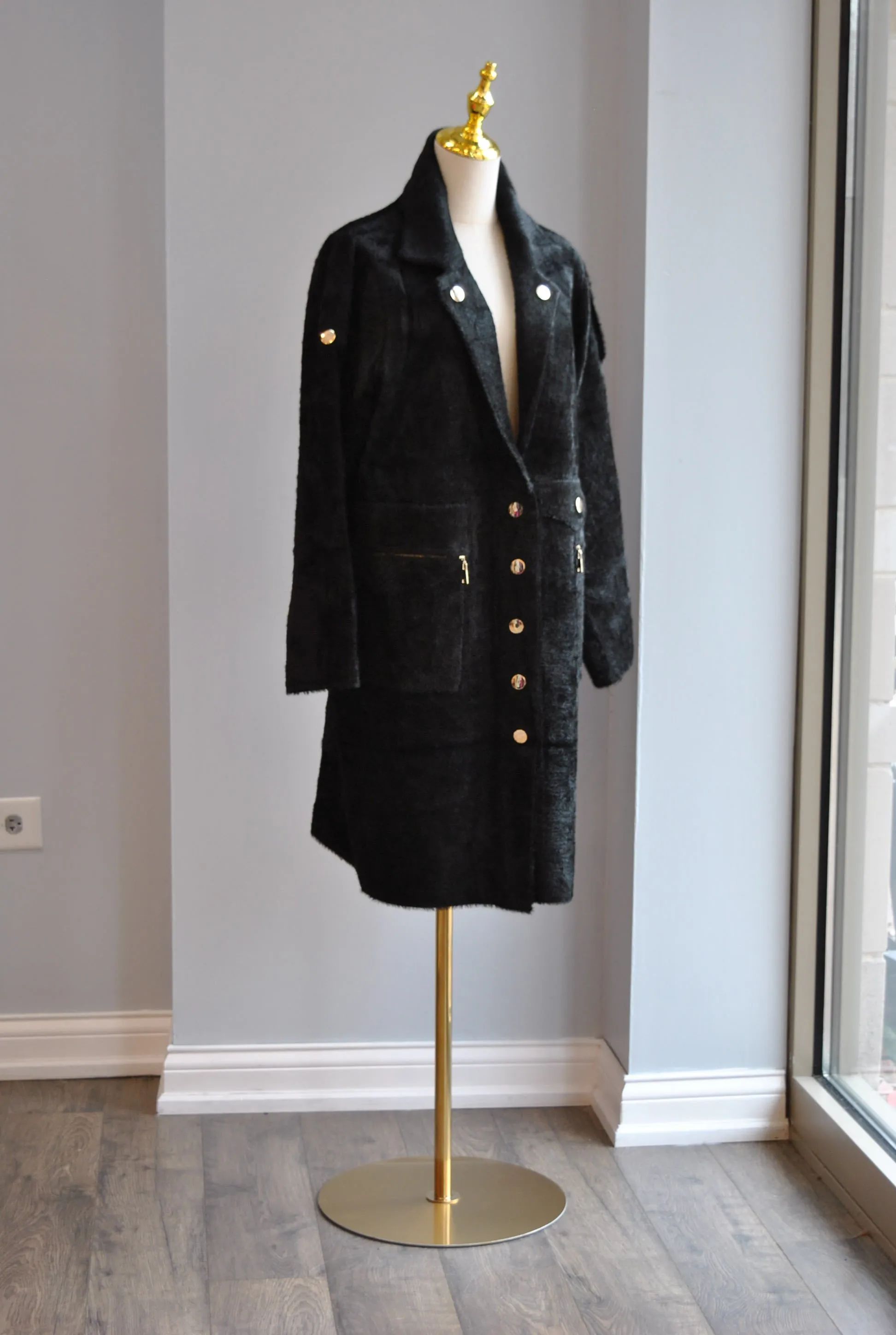 BLACK ALPAKA COAT WITH GOLD BUTTONS