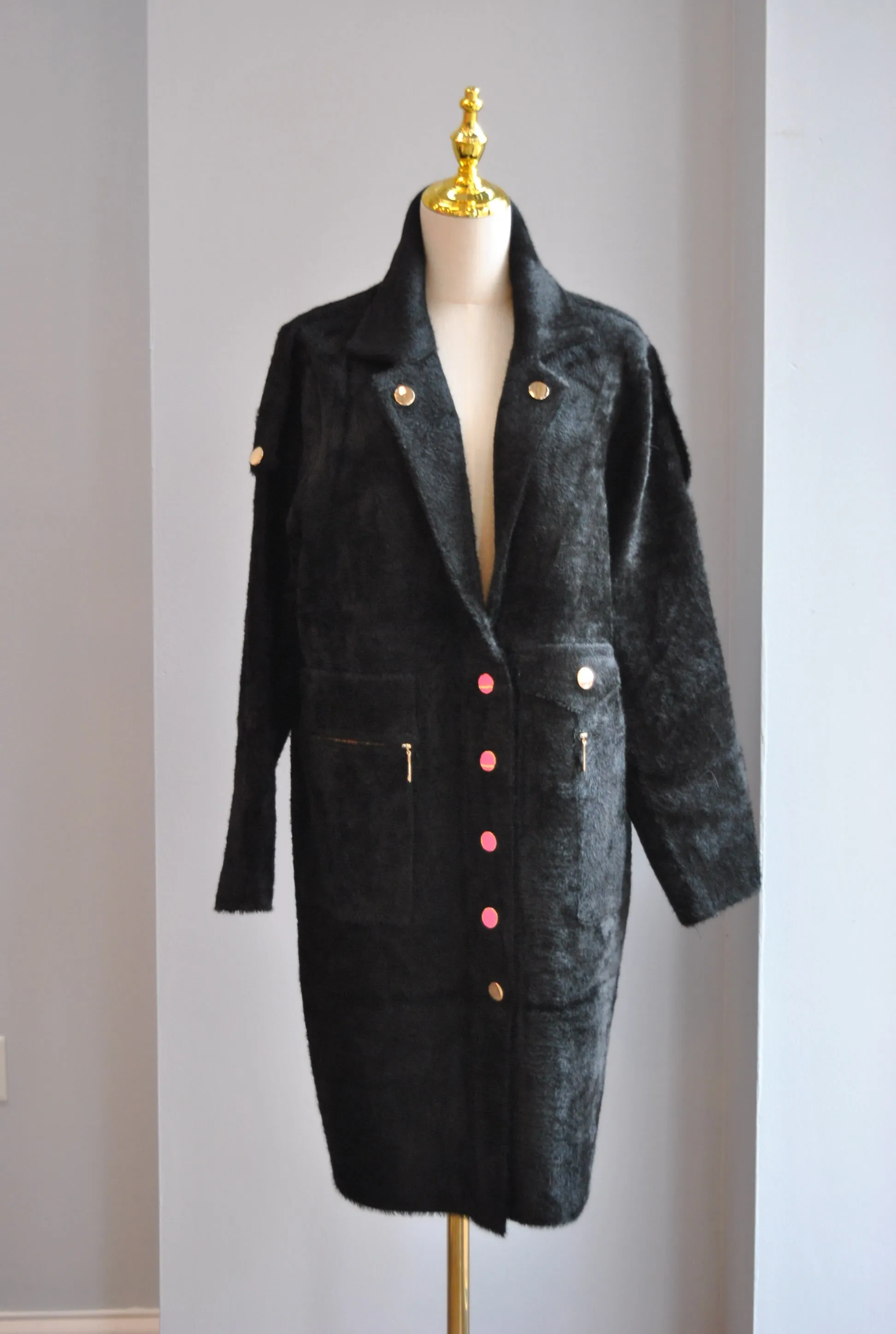 BLACK ALPAKA COAT WITH GOLD BUTTONS