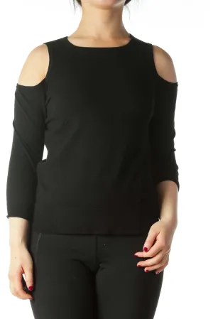 Black Cold-Shoulder Stretch 3/4 Sleeve Knit Top