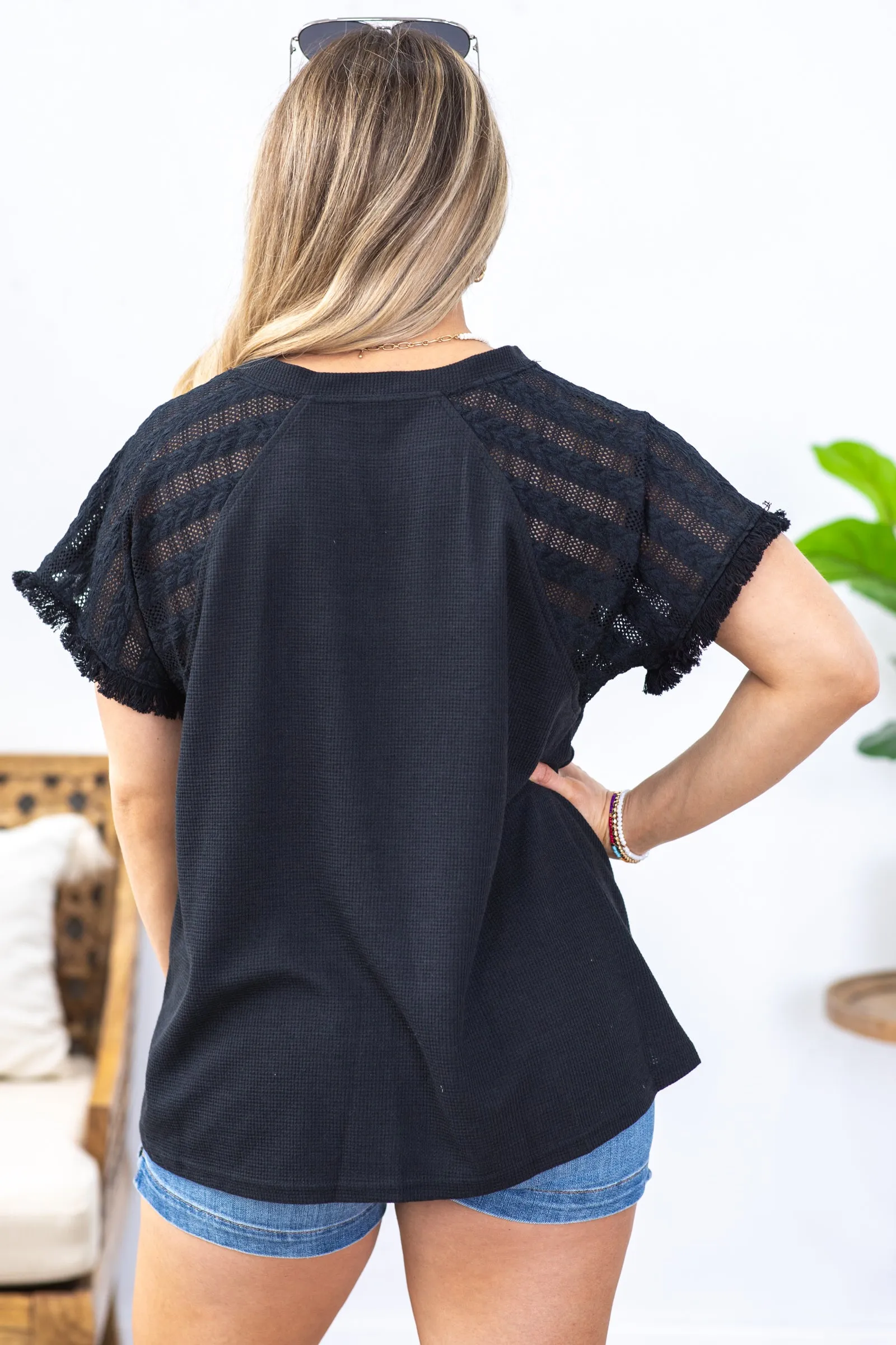 Black Crochet Sleeve Hi Lo Knit Top