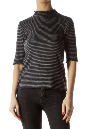 Black Gray Striped 3/4 Sleeve Knit Top
