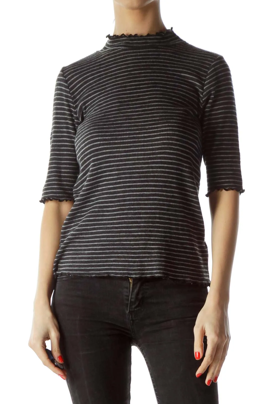 Black Gray Striped 3/4 Sleeve Knit Top