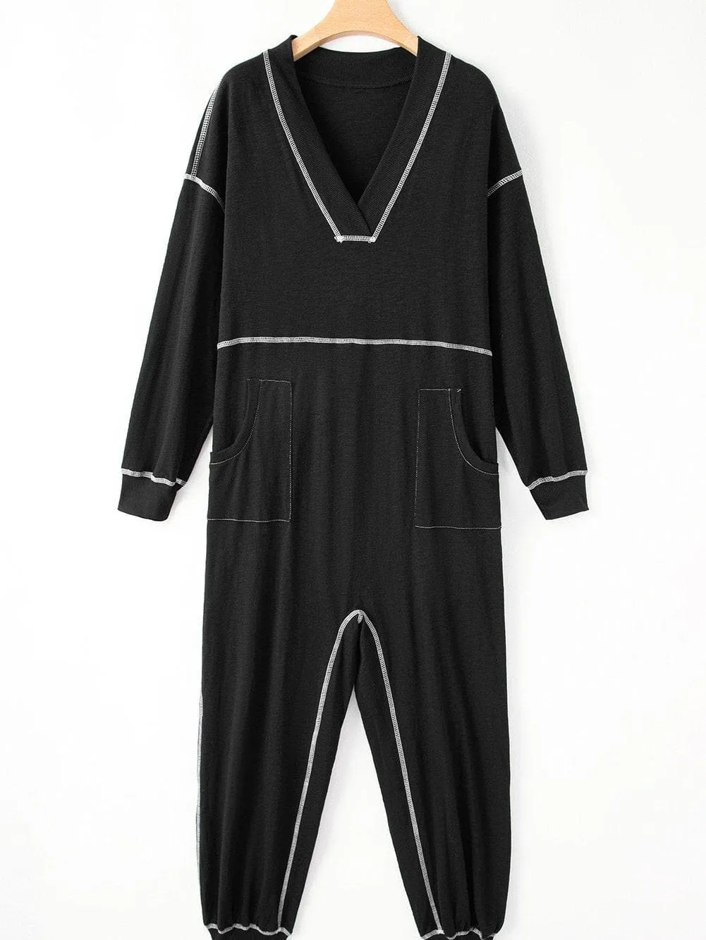 Black Hooded Maxi Dress with Contrast Stitching