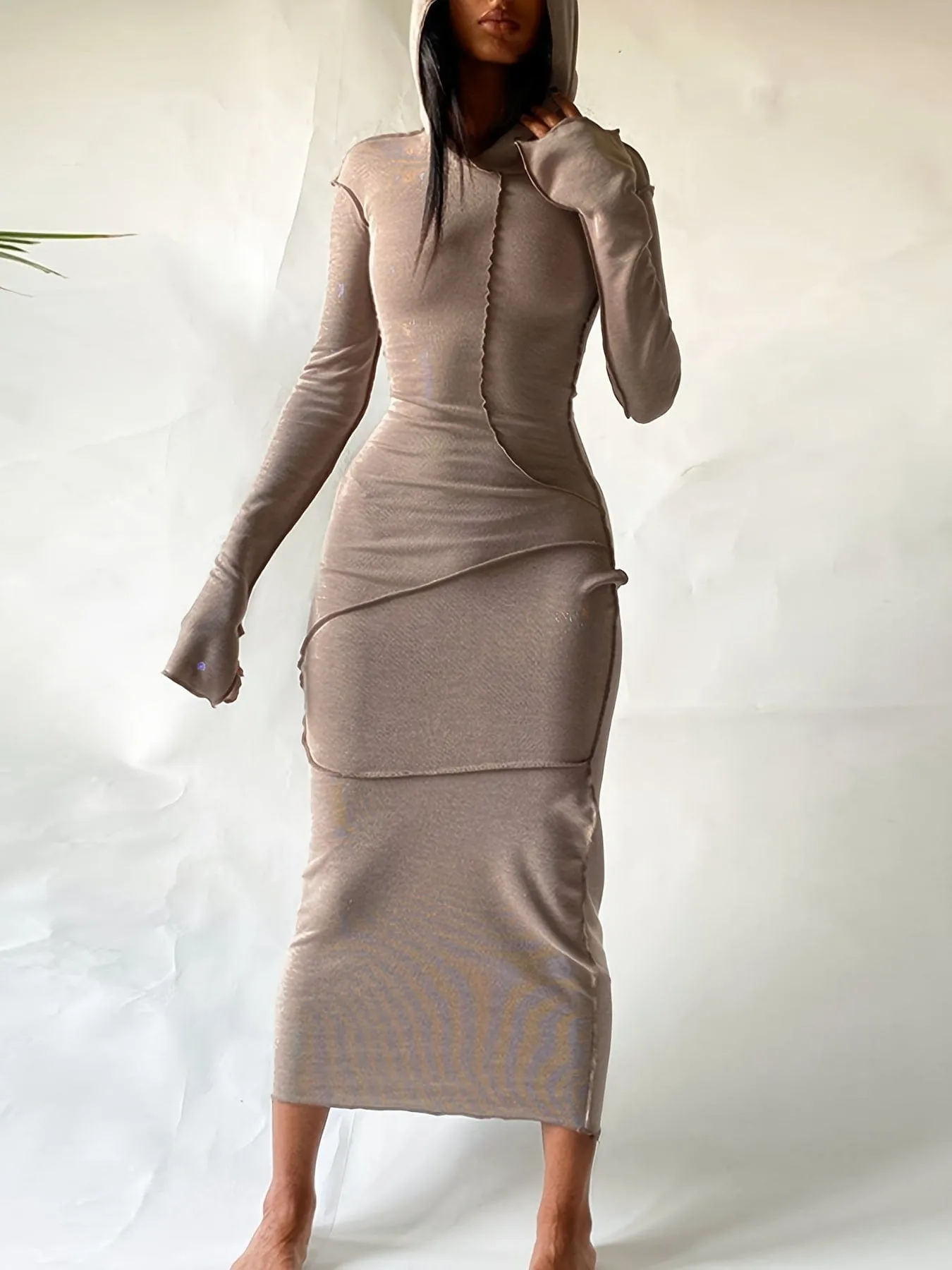 Black Hooded Maxi Dress with Contrast Stitching