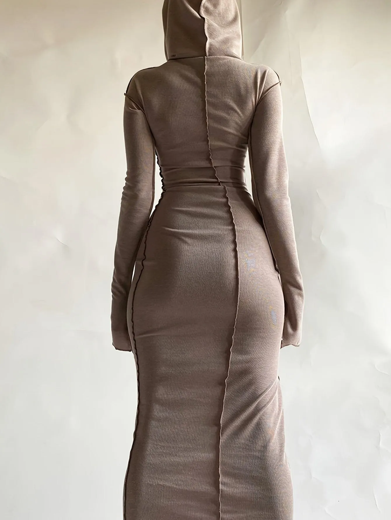 Black Hooded Maxi Dress with Contrast Stitching