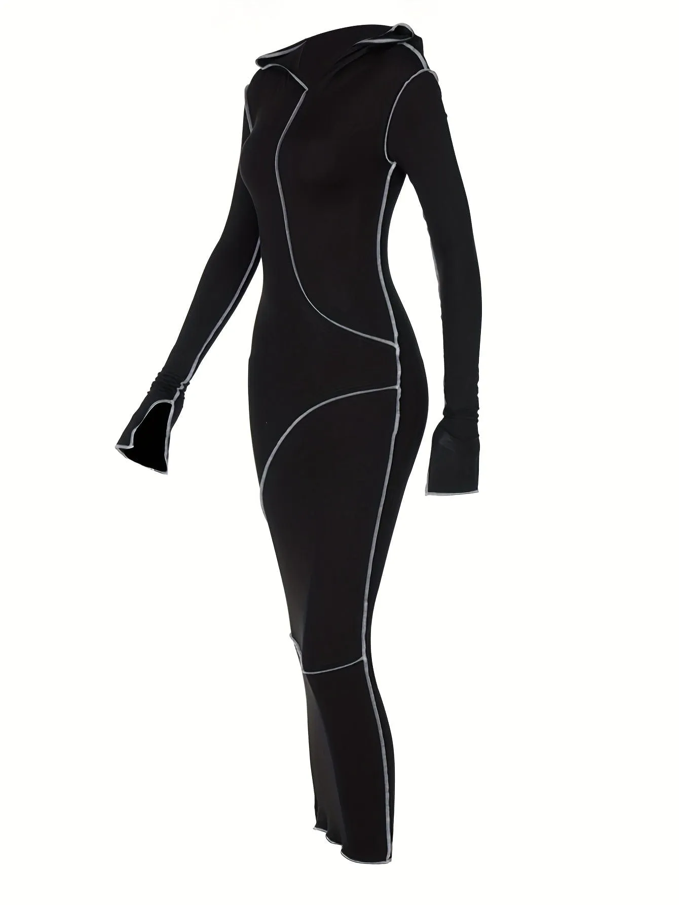 Black Hooded Maxi Dress with Contrast Stitching