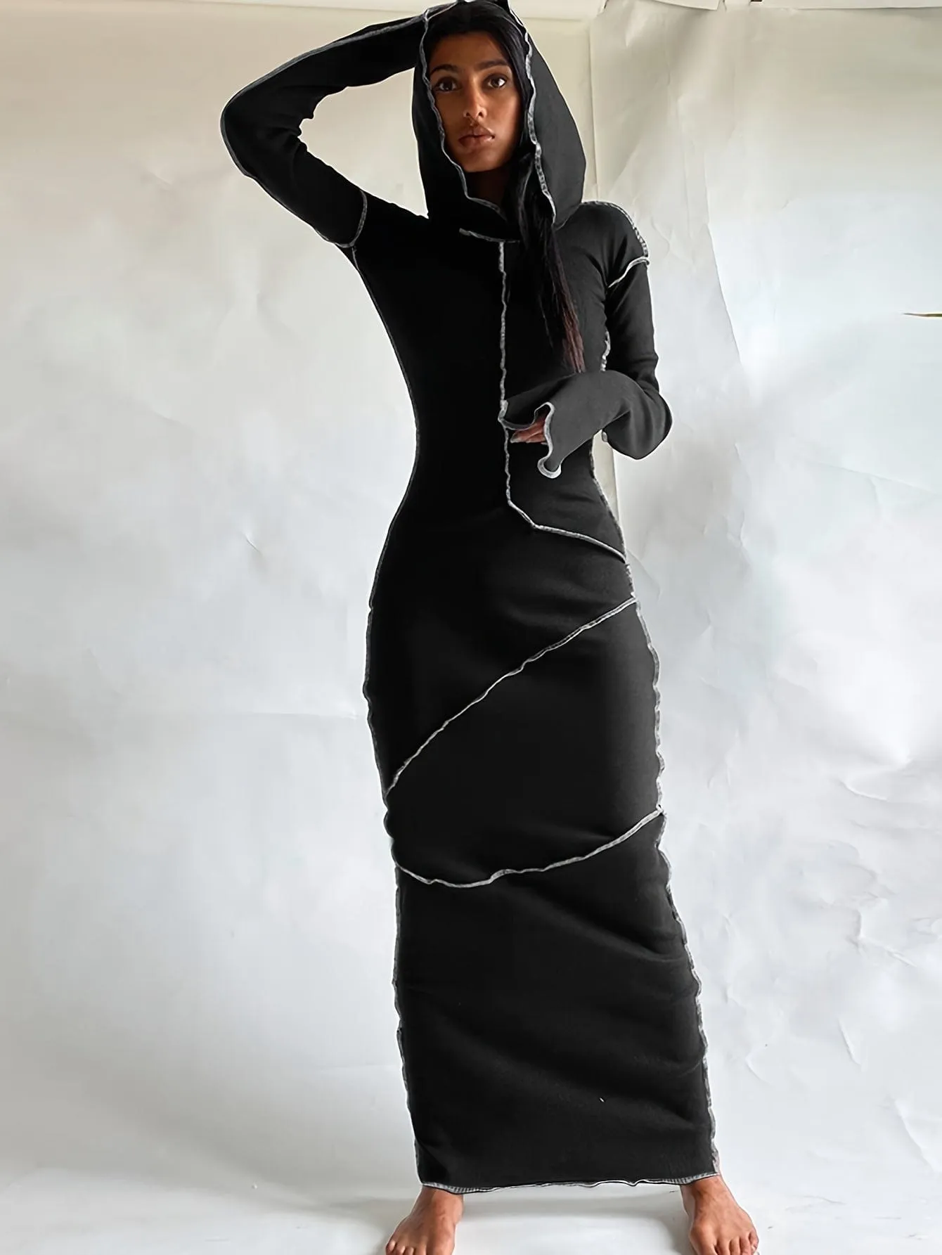 Black Hooded Maxi Dress with Contrast Stitching