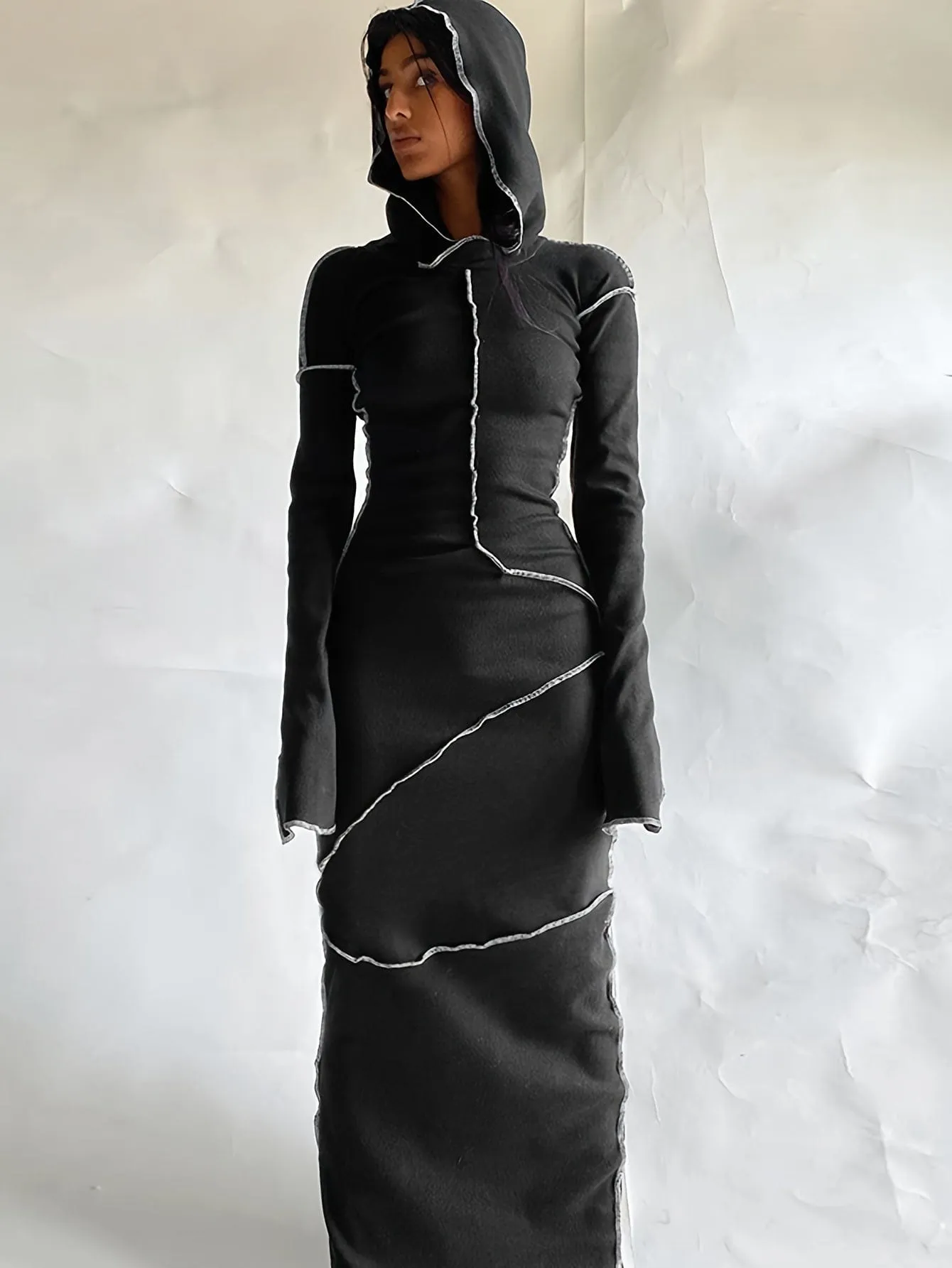 Black Hooded Maxi Dress with Contrast Stitching