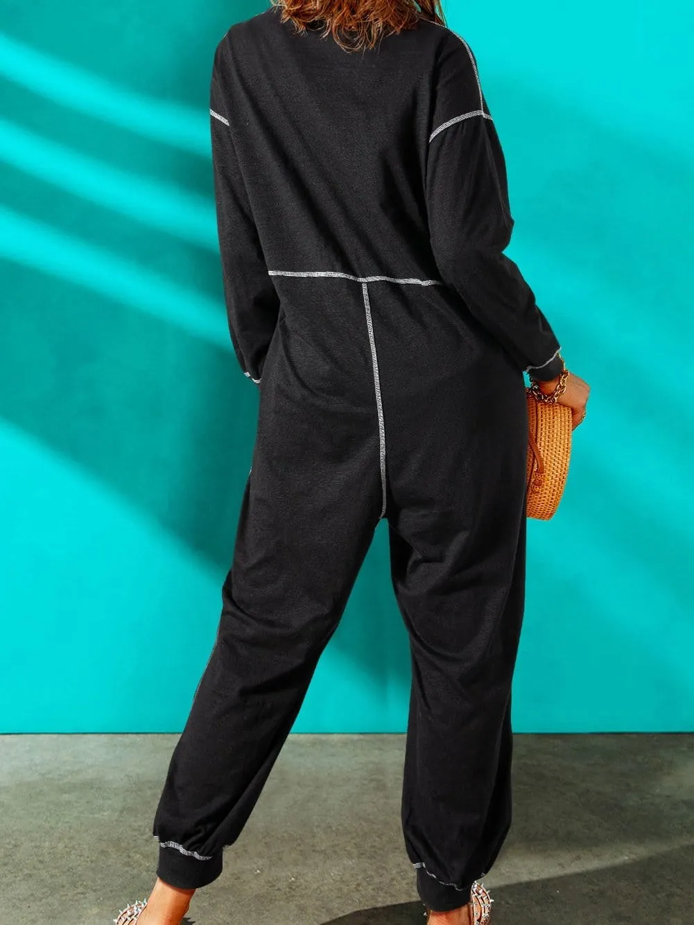 Black Hooded Maxi Dress with Contrast Stitching