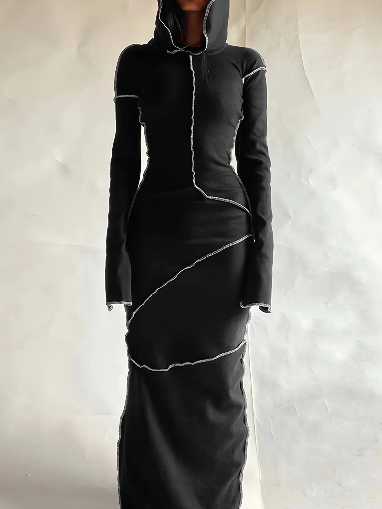 Black Hooded Maxi Dress with Contrast Stitching