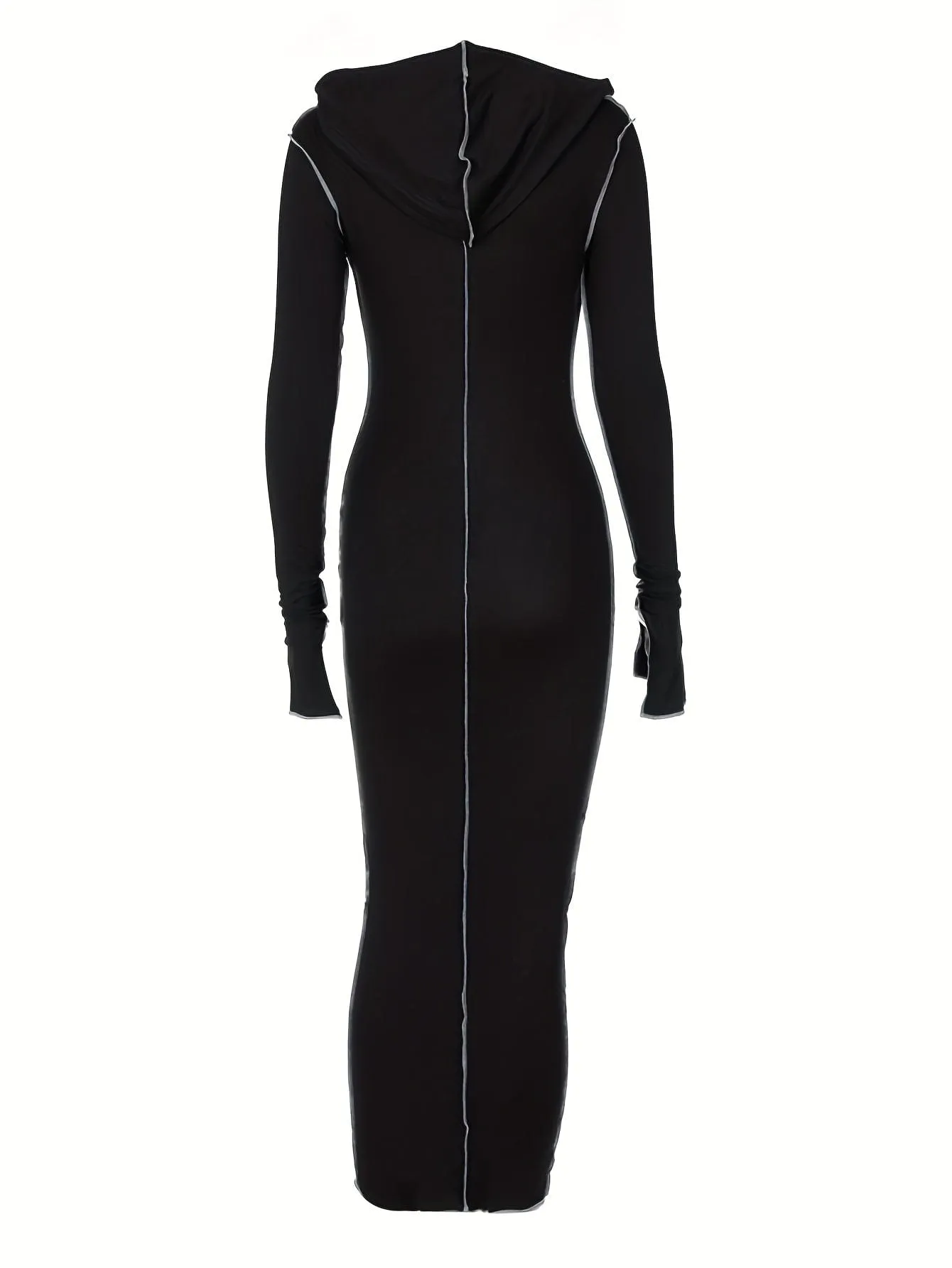 Black Hooded Maxi Dress with Contrast Stitching