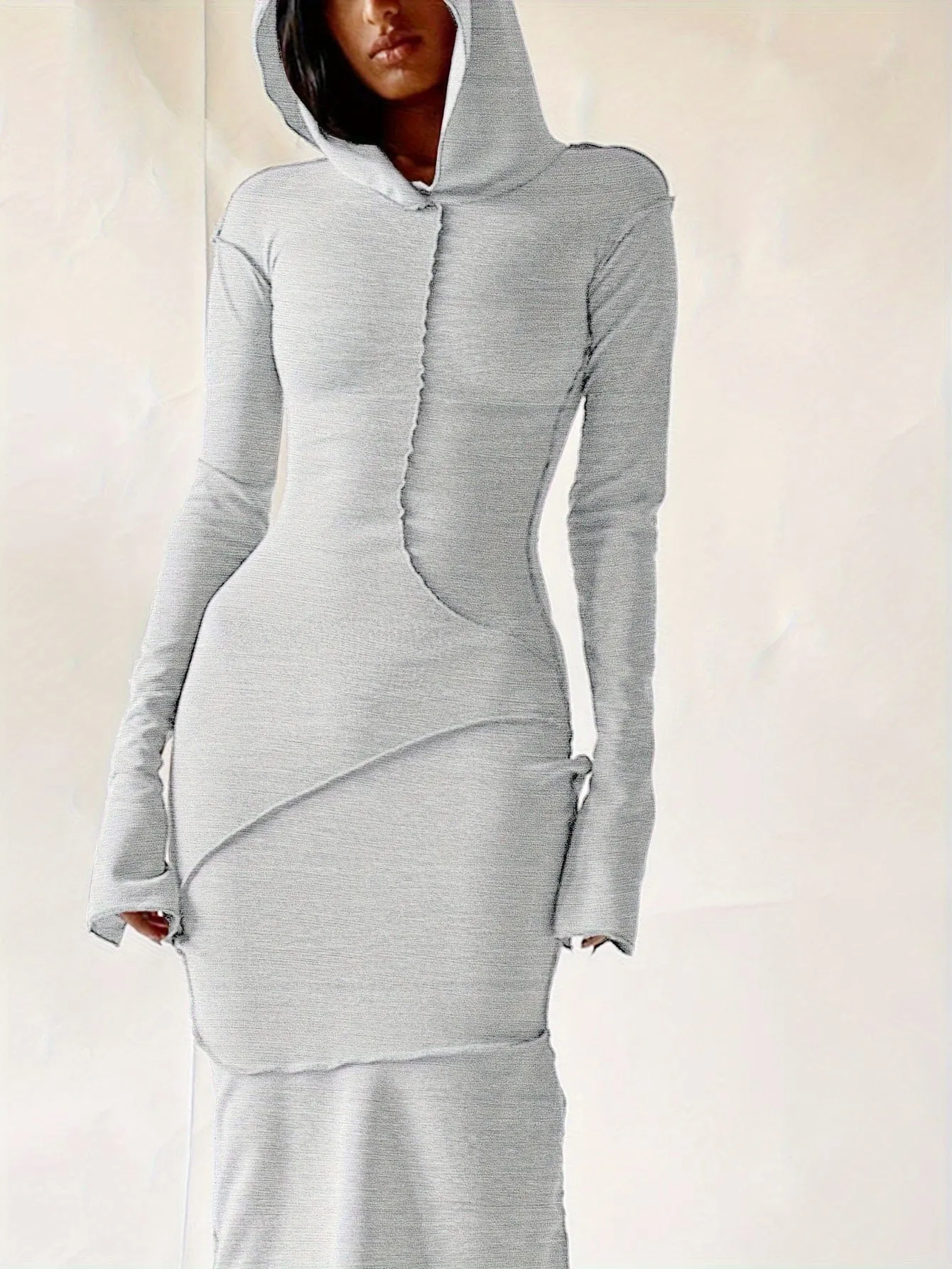 Black Hooded Maxi Dress with Contrast Stitching