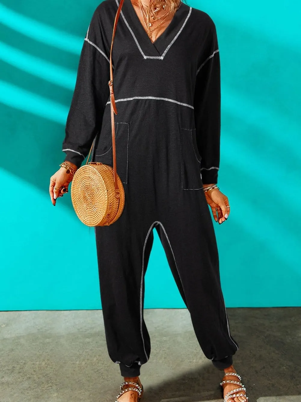 Black Hooded Maxi Dress with Contrast Stitching