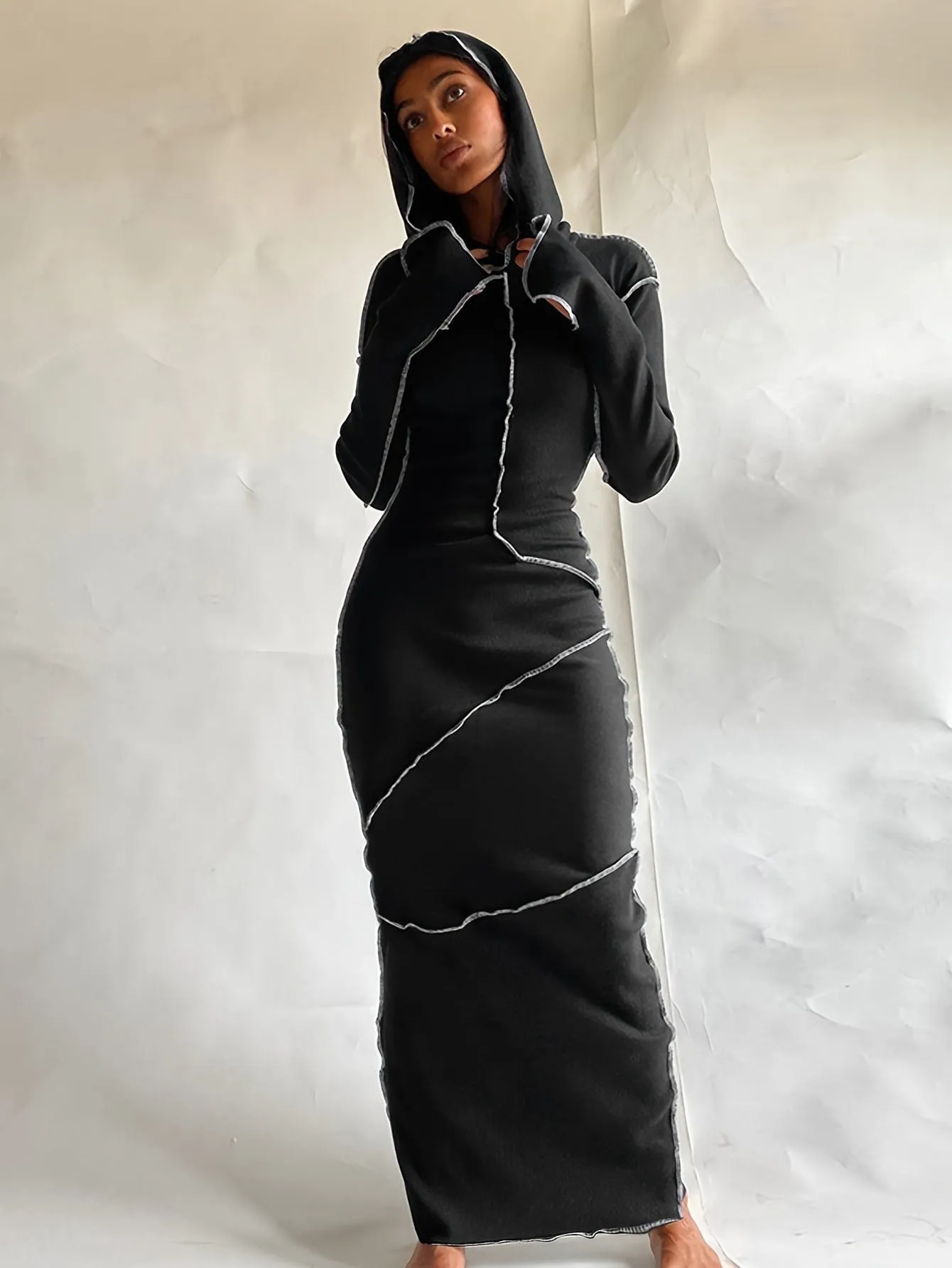 Black Hooded Maxi Dress with Contrast Stitching