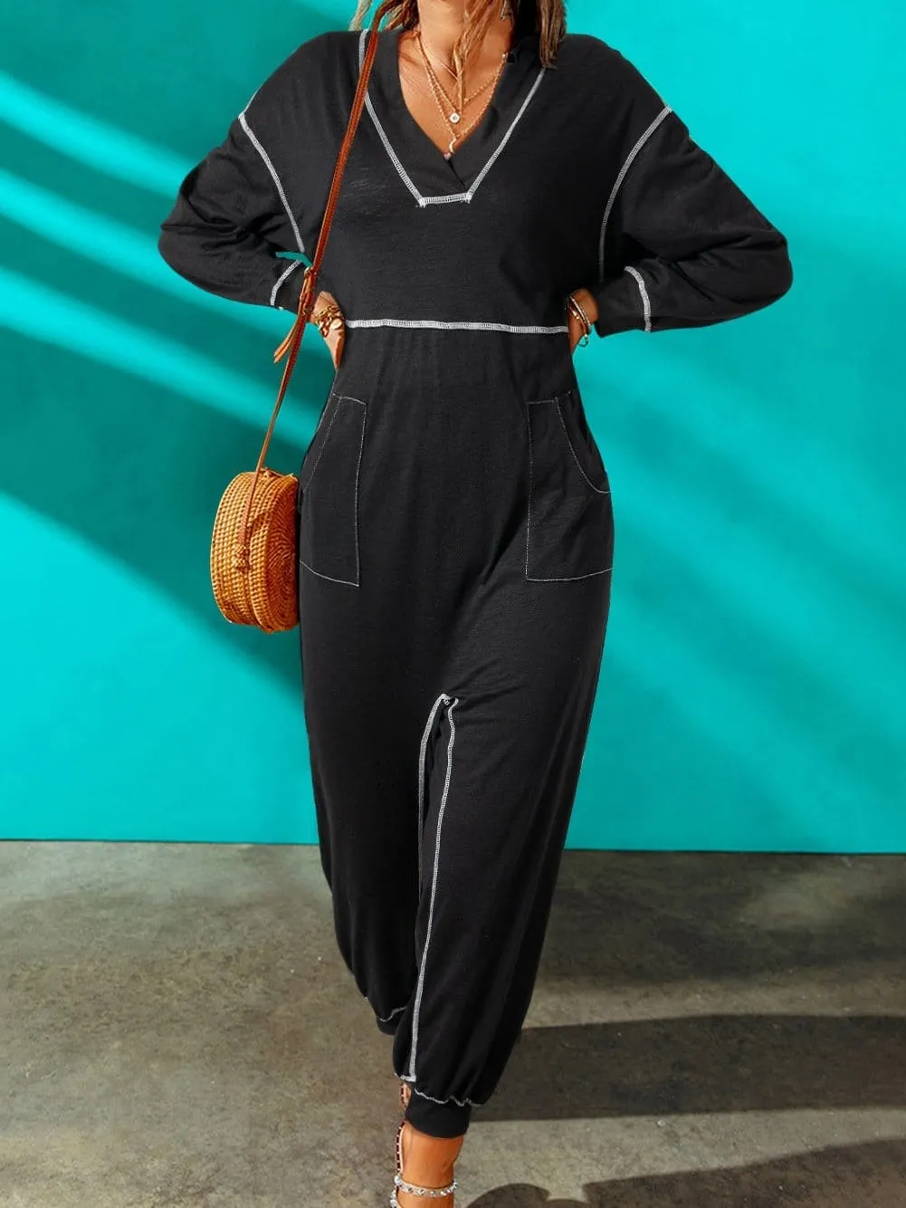 Black Hooded Maxi Dress with Contrast Stitching