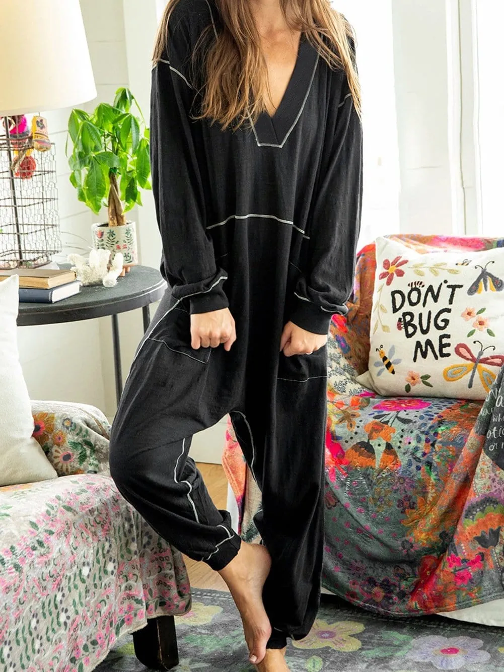 Black Hooded Maxi Dress with Contrast Stitching