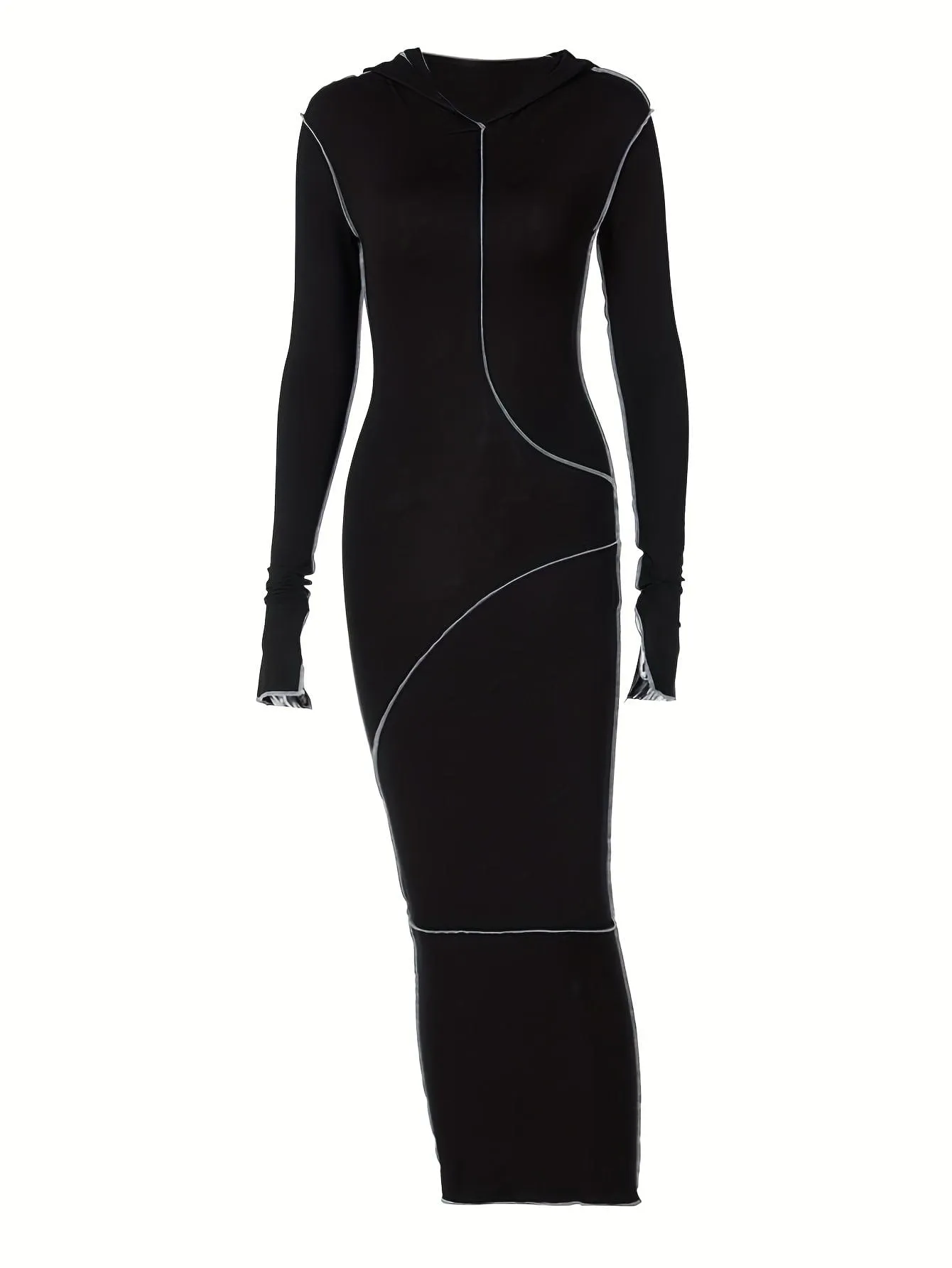 Black Hooded Maxi Dress with Contrast Stitching