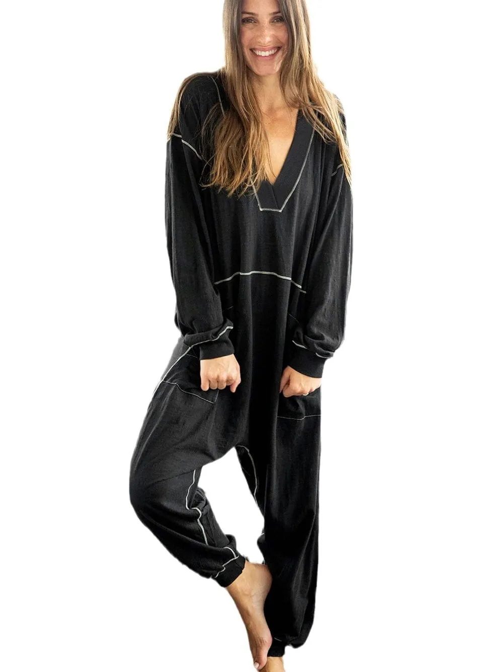 Black Hooded Maxi Dress with Contrast Stitching