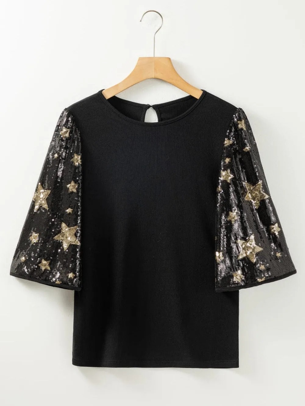 Black Knit Top with Gold Star Sequins