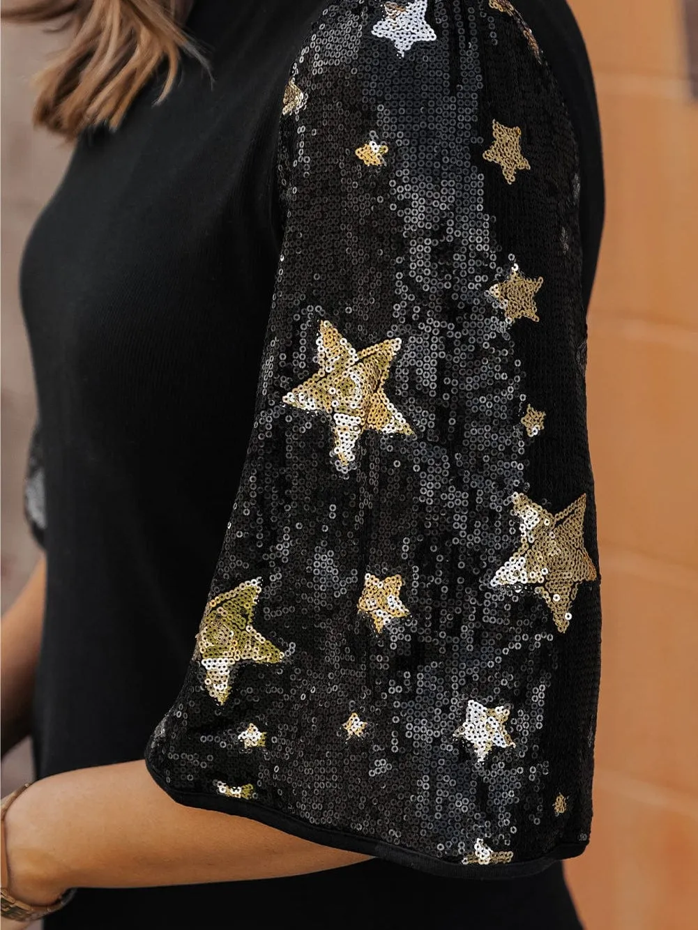 Black Knit Top with Gold Star Sequins