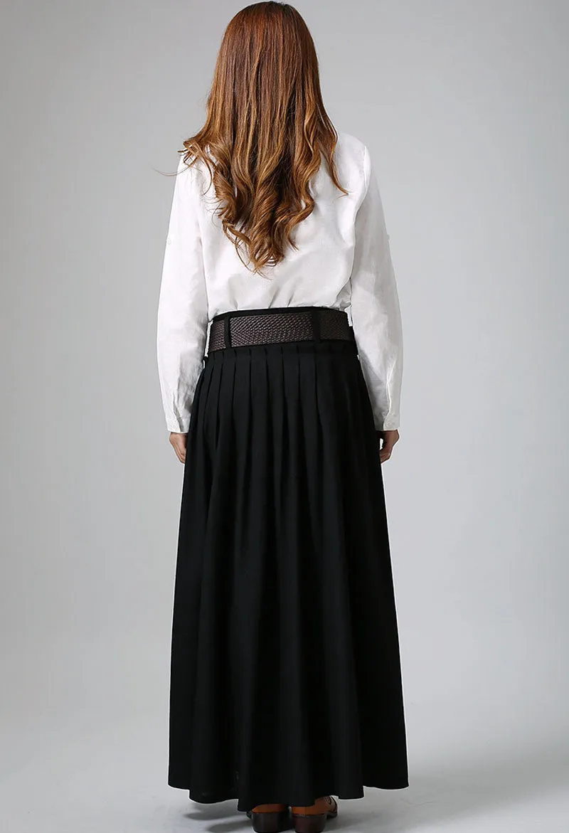 Black long pleated maxi skirt, sofe linen skirt 0904#