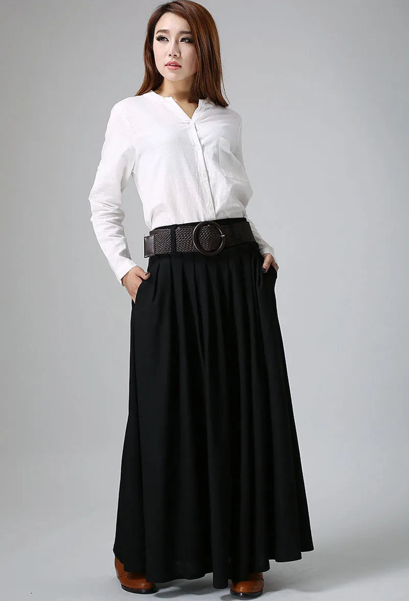 Black long pleated maxi skirt, sofe linen skirt 0904#
