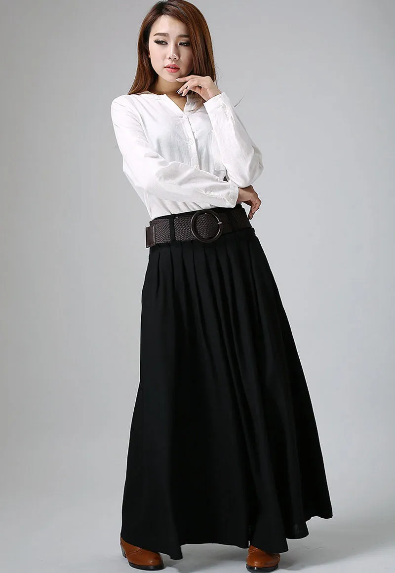 Black long pleated maxi skirt, sofe linen skirt 0904#
