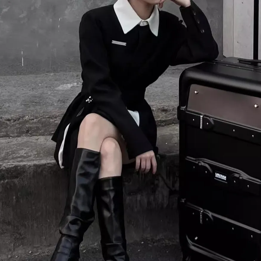 Black Long Sleeve Fake Two Piece Suit Dress