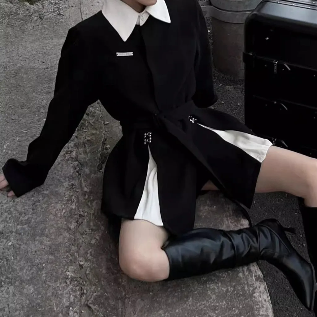 Black Long Sleeve Fake Two Piece Suit Dress