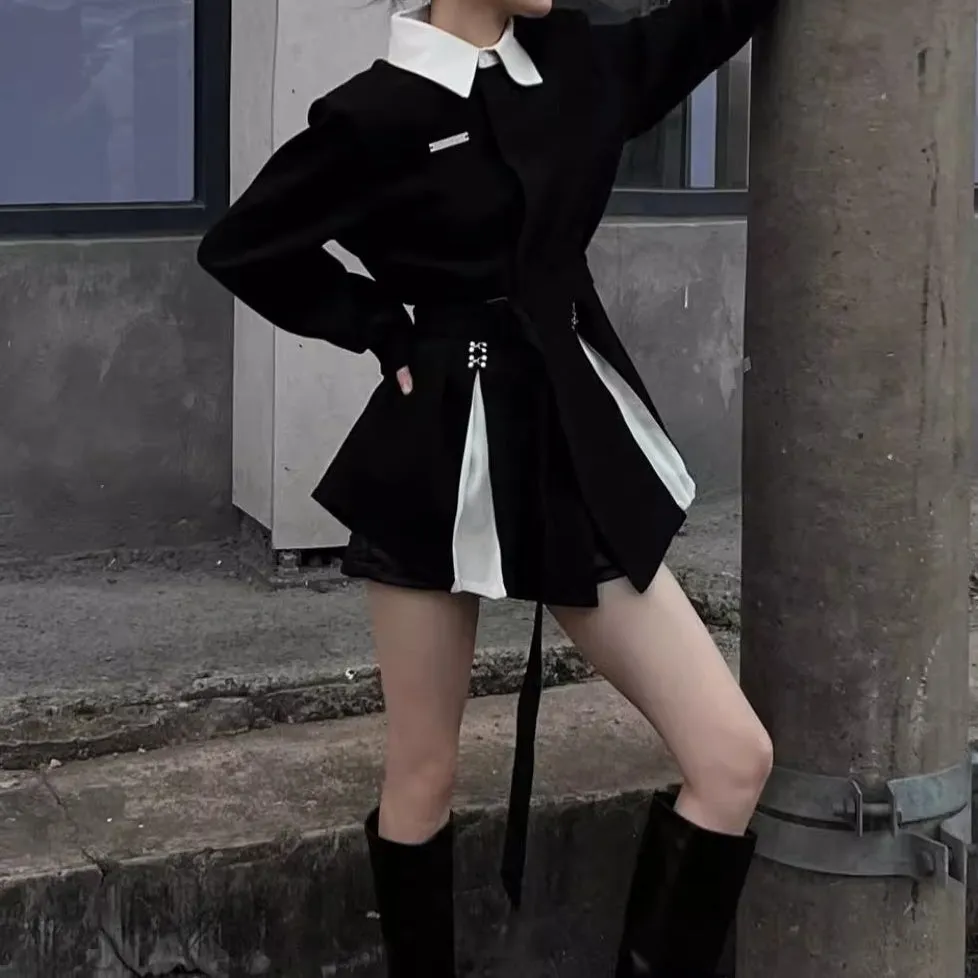 Black Long Sleeve Fake Two Piece Suit Dress