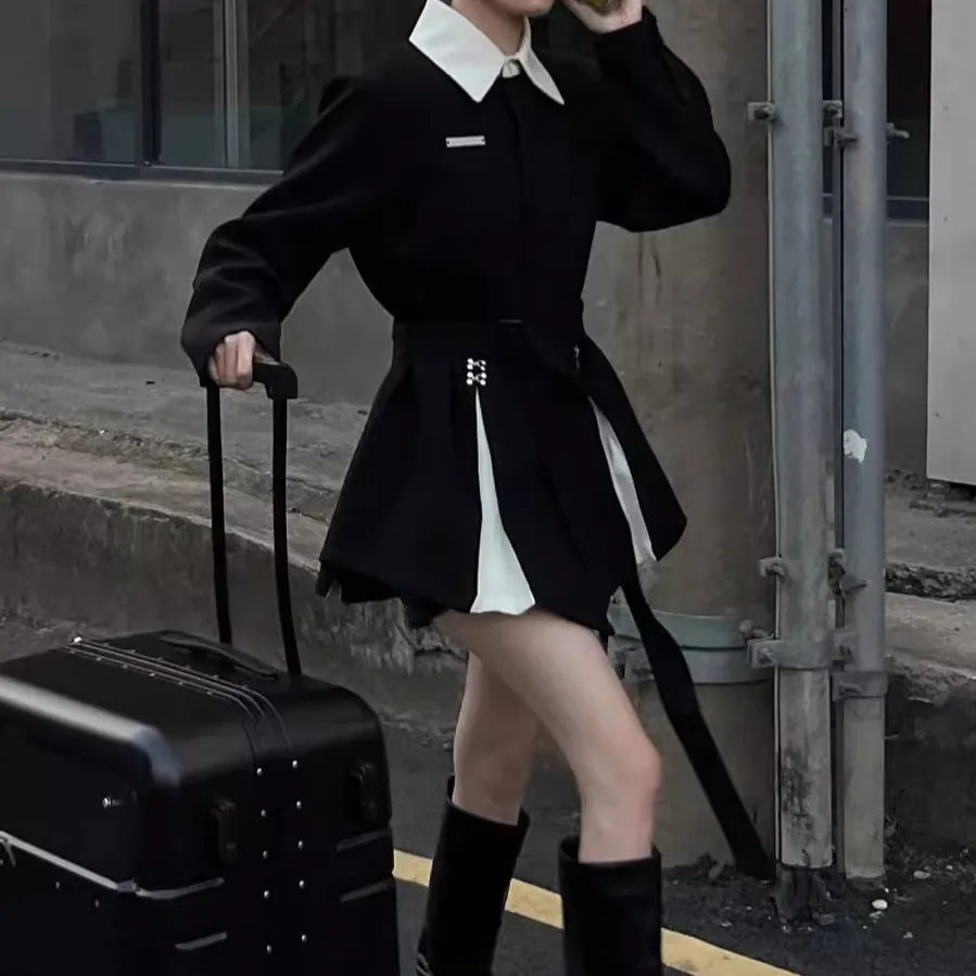 Black Long Sleeve Fake Two Piece Suit Dress