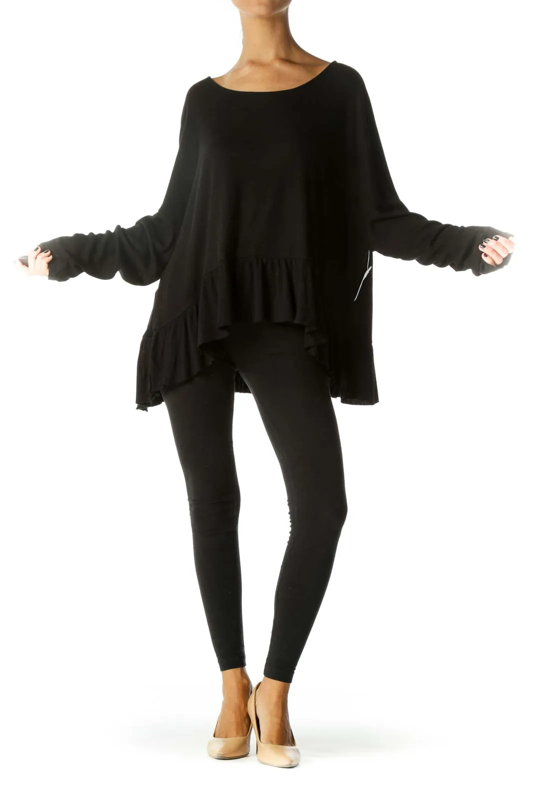 Black Long-Sleeve Peplum Raw-Hem Long-Sleeve Knit-Top
