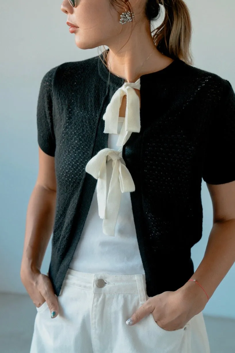 BLACK RIBBONED KNIT CARDIGAN