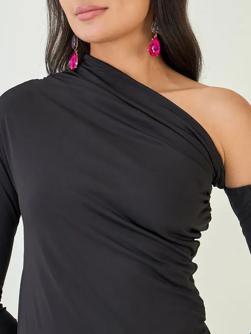 Black Solid Ruched Bodycon Dress