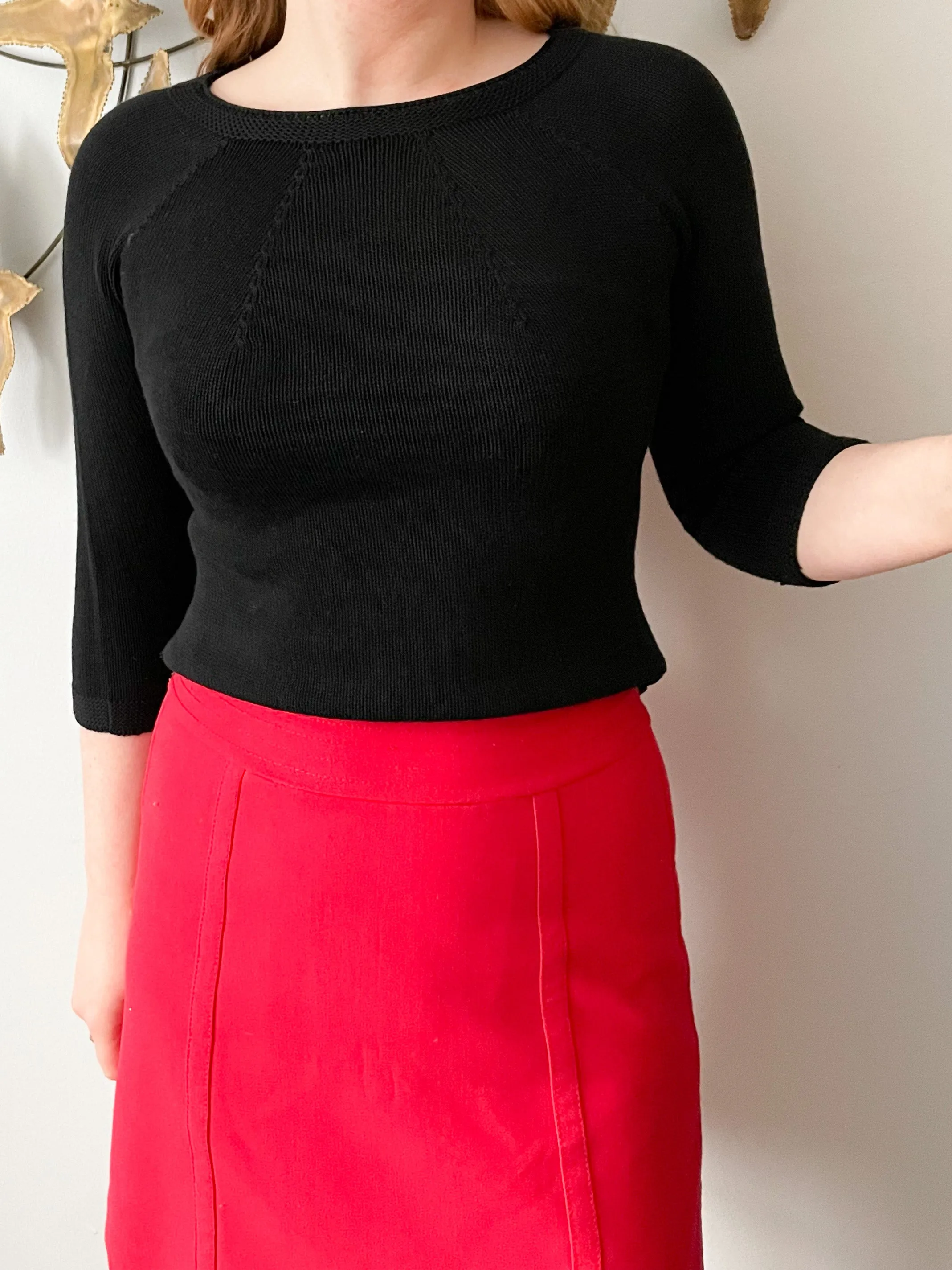 Black Stretch Knit Boat Neck 3/4 Sleeve Top - XS/S