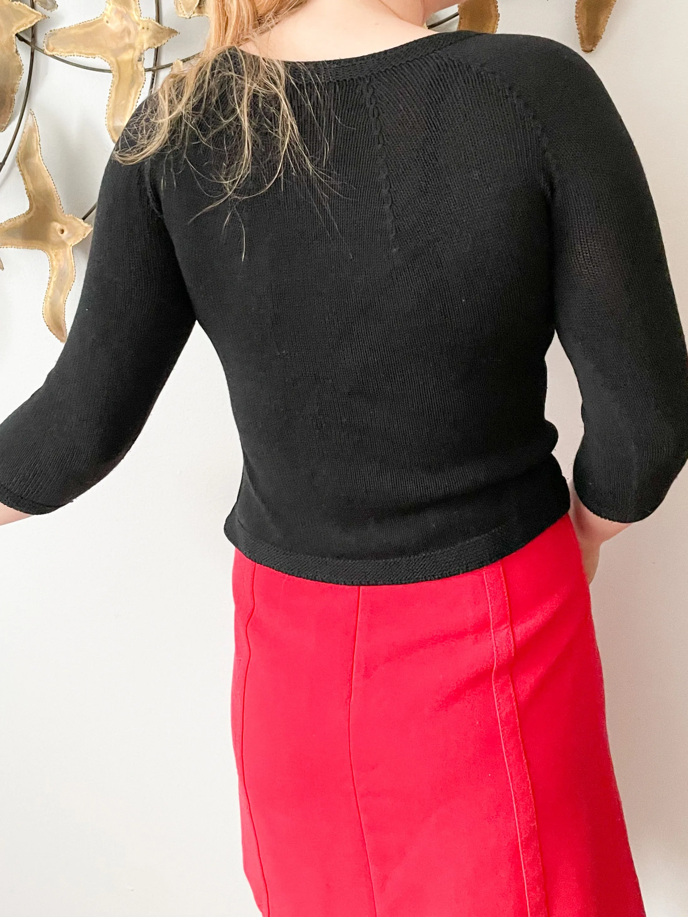 Black Stretch Knit Boat Neck 3/4 Sleeve Top - XS/S