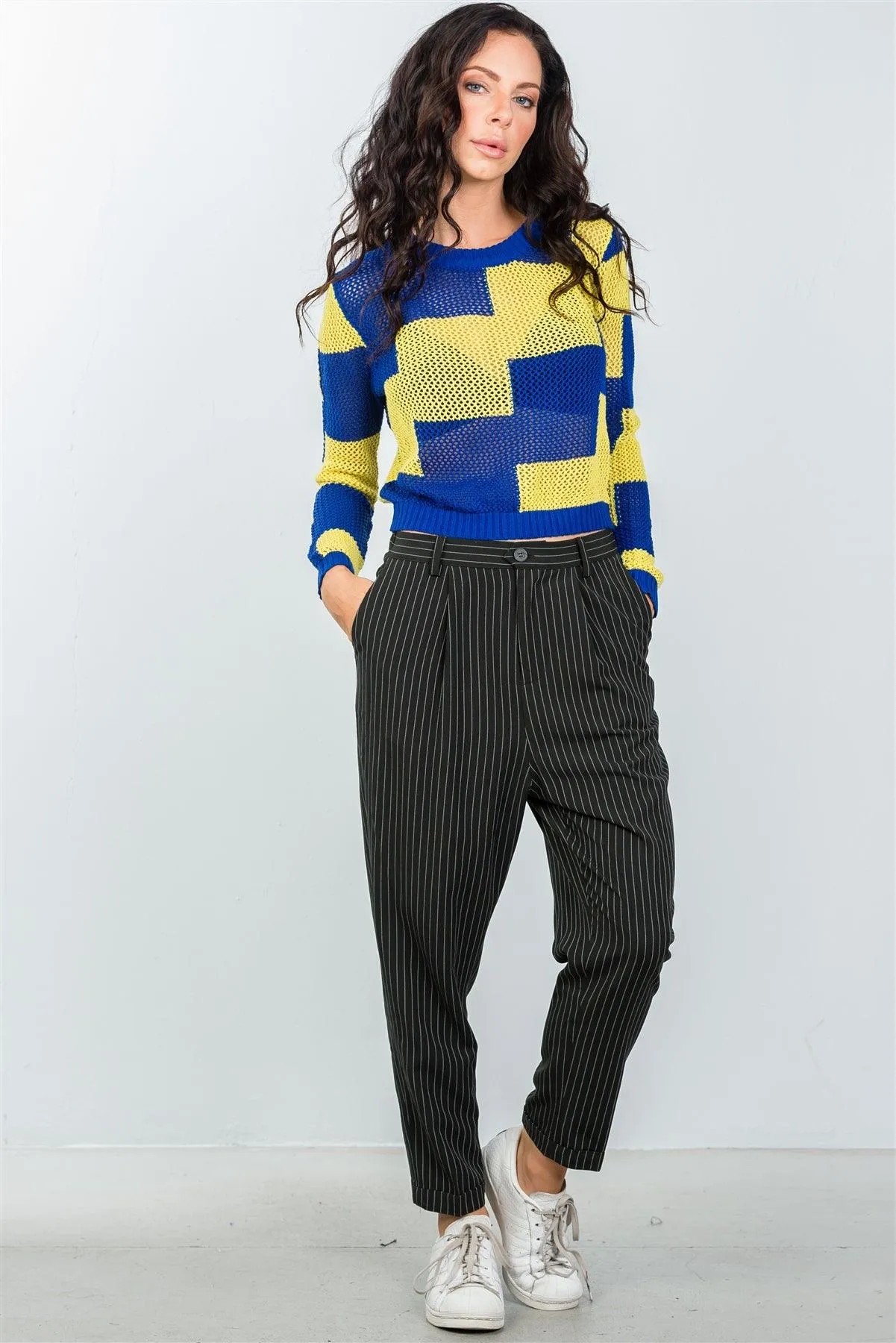 Blue Lime Color-Block Knitted Mesh Top / 2-2-2