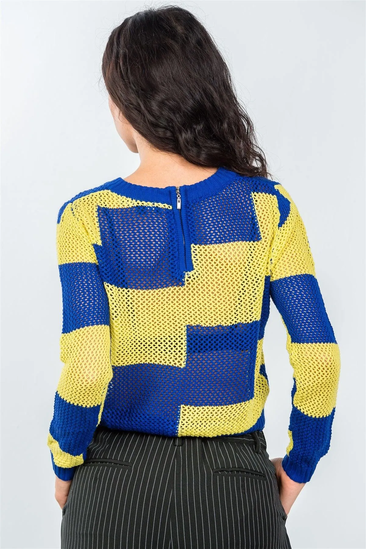 Blue Lime Color-Block Knitted Mesh Top / 2-2-2