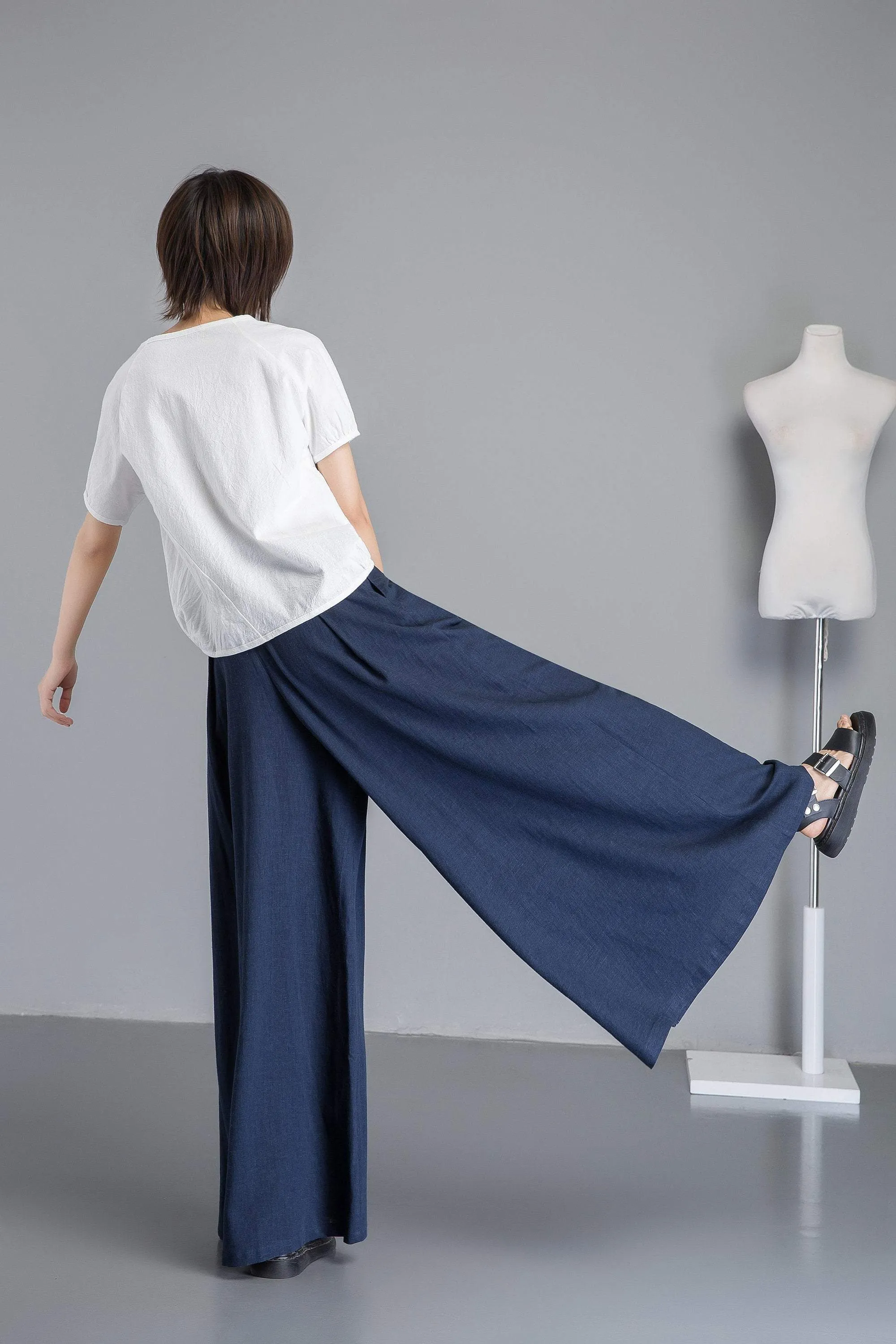 Blue linen pants, winde leg linen pants for womens,  loose and casual bule linen pants for summer, handmade plus size linen pants C1265