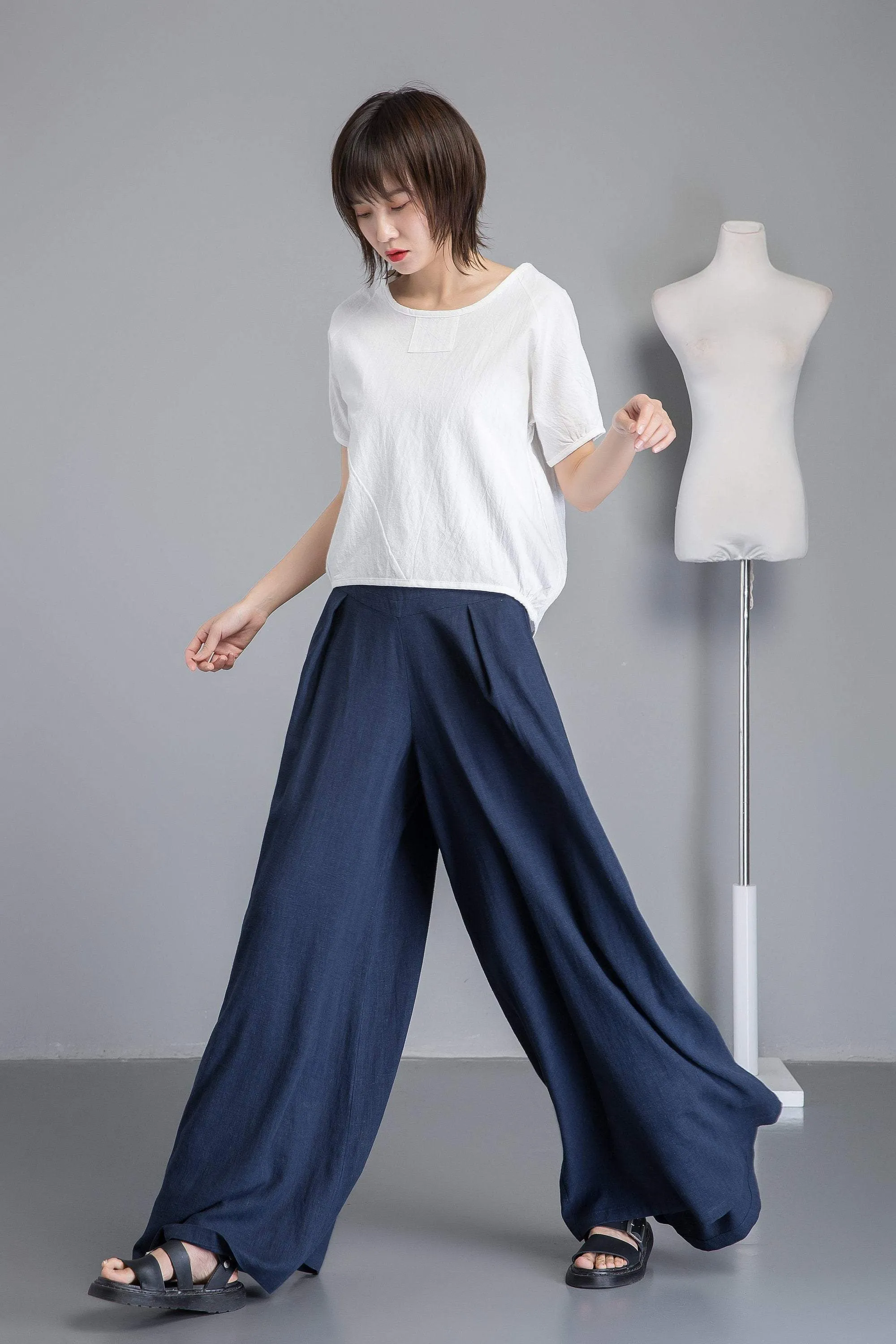Blue linen pants, winde leg linen pants for womens,  loose and casual bule linen pants for summer, handmade plus size linen pants C1265